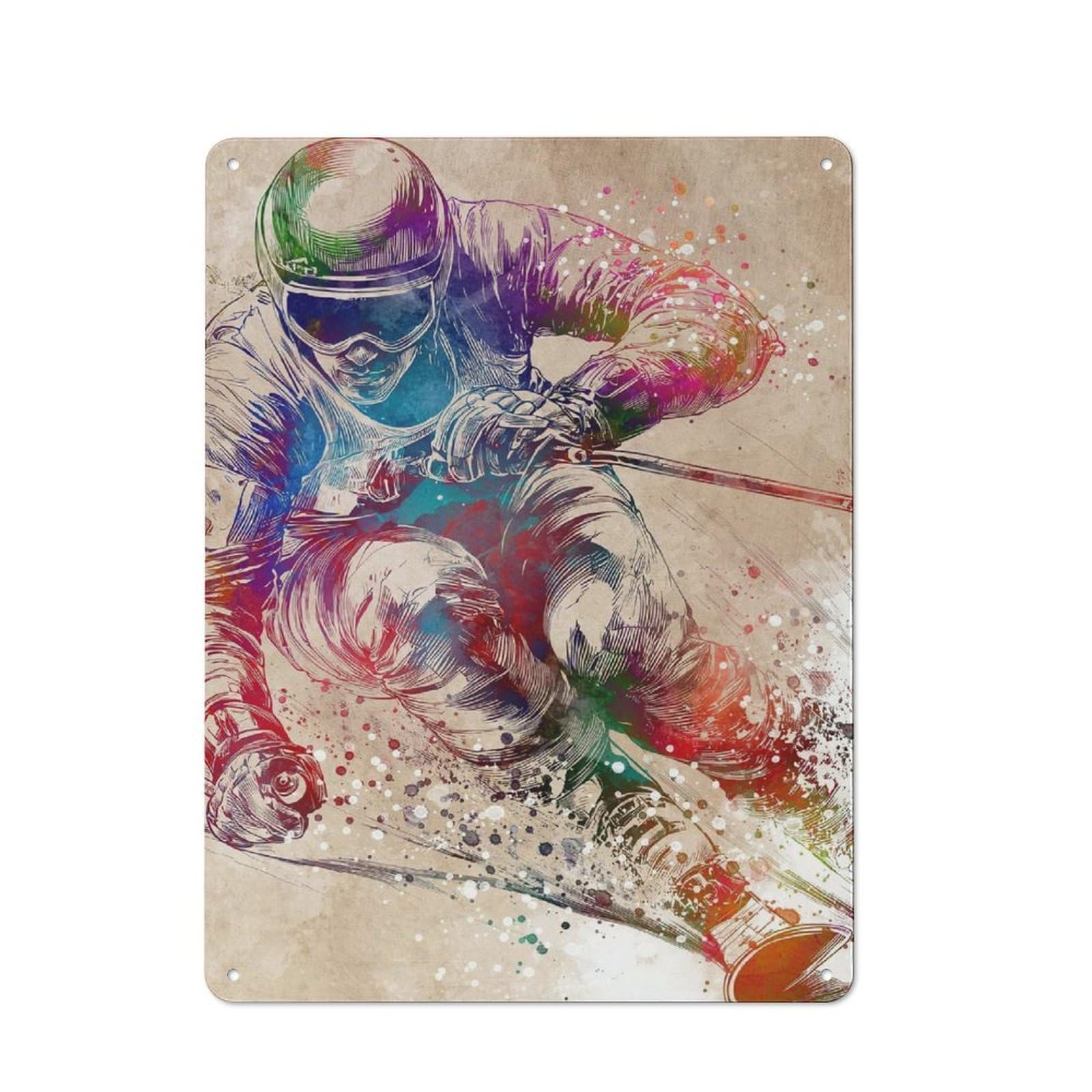 Vintage Metal Plaque 40x30cm Featuring Watercolor Skiing Artwork, Diner Style Decor for Restaurant, Kitchen, Counter Or Breakfast Nook