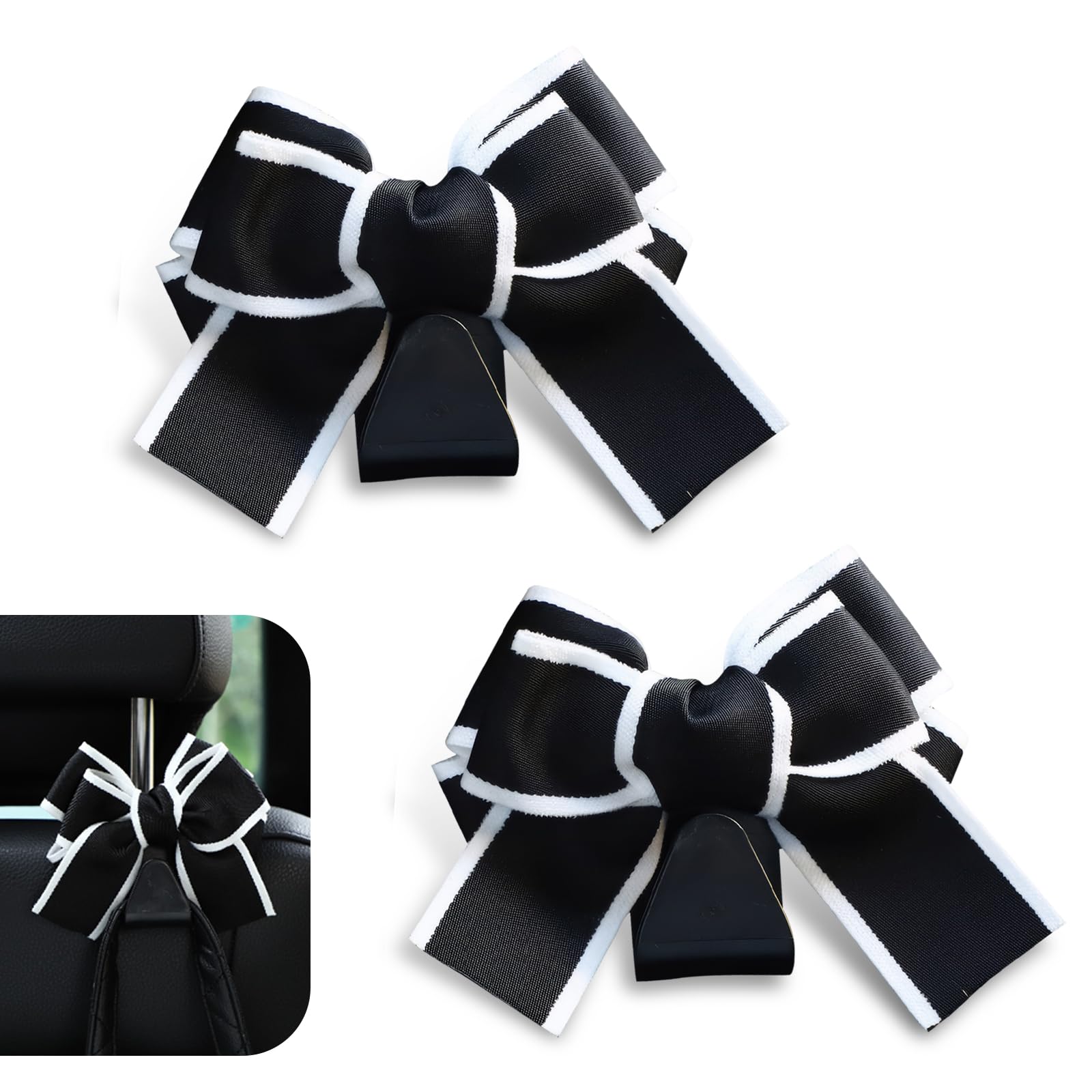 Zikefest 2PCS Car Seat Headrest Hooks, Car Purse Hook for Car, Cute Bow Car Rear Seat Storage Hooks, Interior Decorating Accessories for Purses, Bags,
