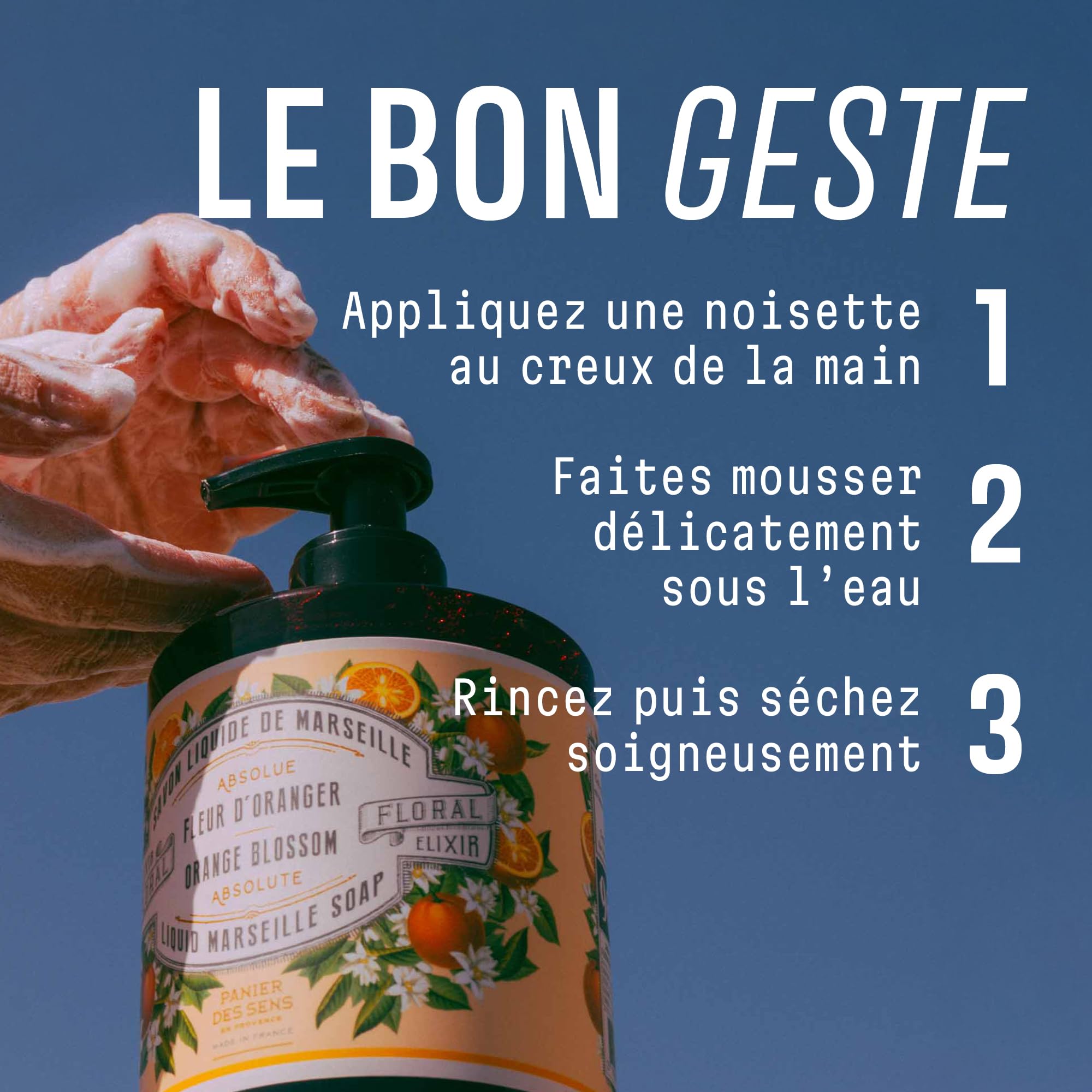 Savon Liquide Mains Fleur d’Oranger 500ml – Savon de Marseille Liquide 96% Naturel – Huile d’Olive & Coco – Fabriqué en France – Panier des Sens