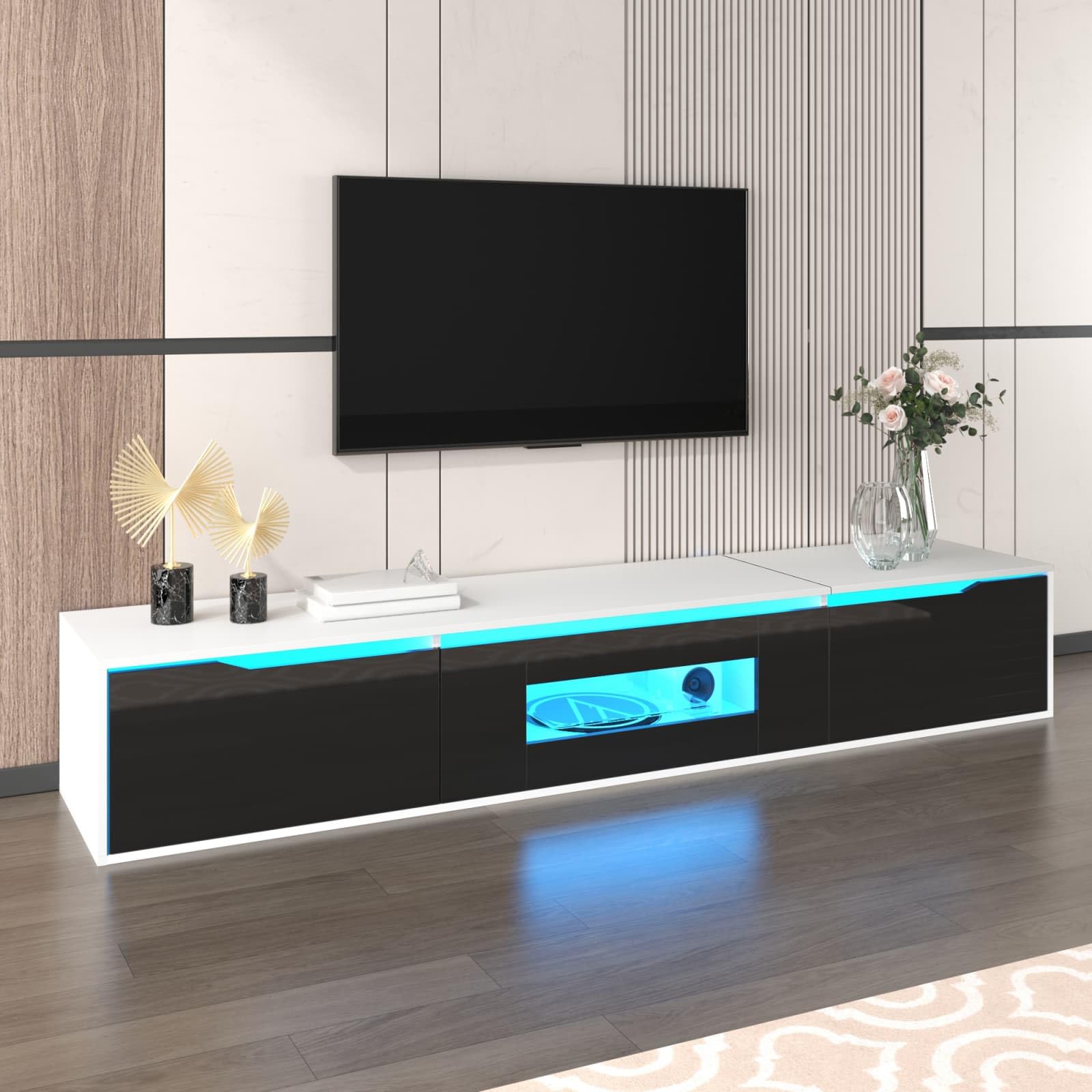 PUGSDRLY Meuble TV Bas avec 3 Compartiments de Rangement,Meuble TV Moderne avec lumière LED changeant de Couleur,180x35x30cm (Noir+Blanc,Trou carré)