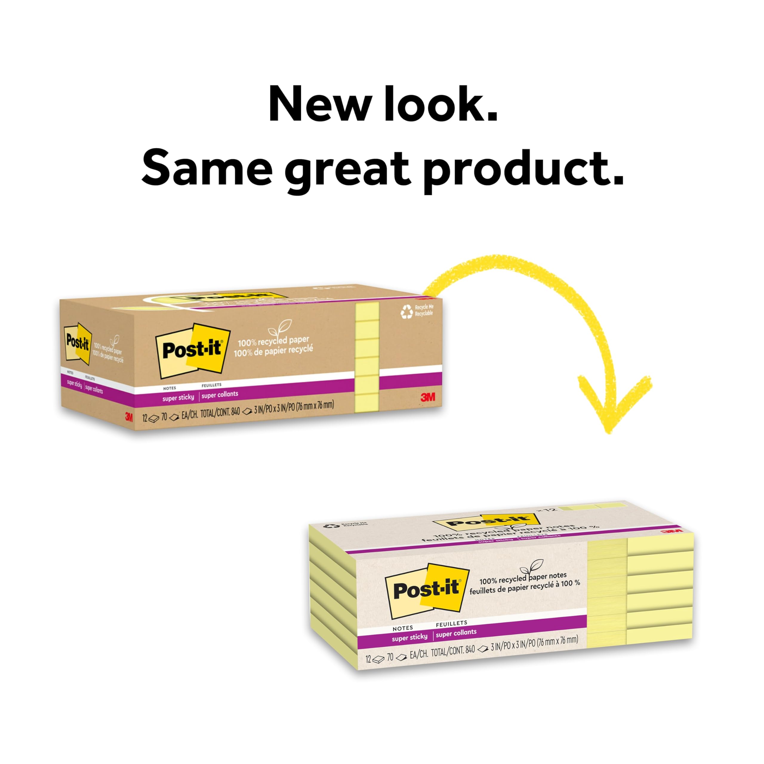 Post-it 100% Recycled Paper Super Sticky Notes, 2X The Sticking Power, 3x3 in, 12 Pads/Pack, 70 Sheets/Pad, Canary Yellow(654R-12SSCY)