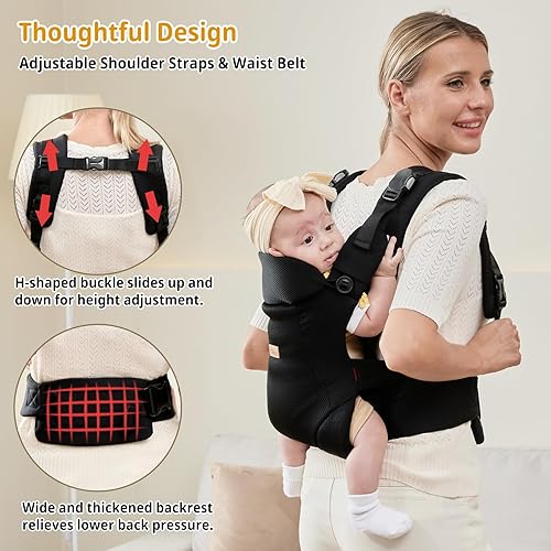 Miniatura 7 de CUBY Portabebés para recién nacidos hasta niños pequeños, transpirable con soporte ajustable para el cuello, portabebés manos libres para niños