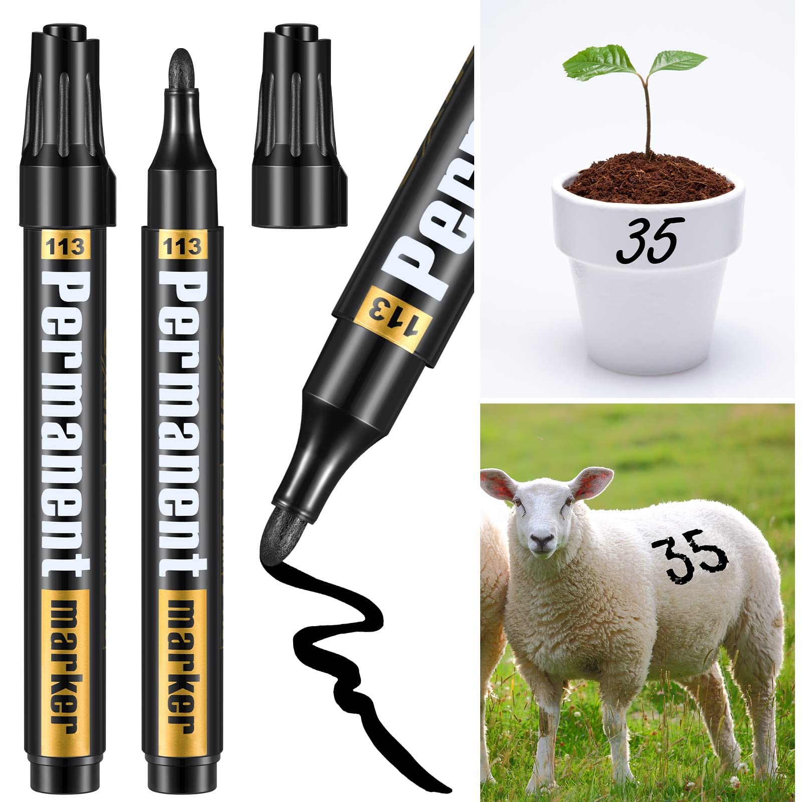 3 Packs Permanent Paint Pens Black Markers Ear Tag Paint Pens Medium Tip Permanent Paint Markers Oil Based Marking Pen Black Colored Oil Pen for Metal, Rock Painting, Wood, Fabric, Plastic, Mugs