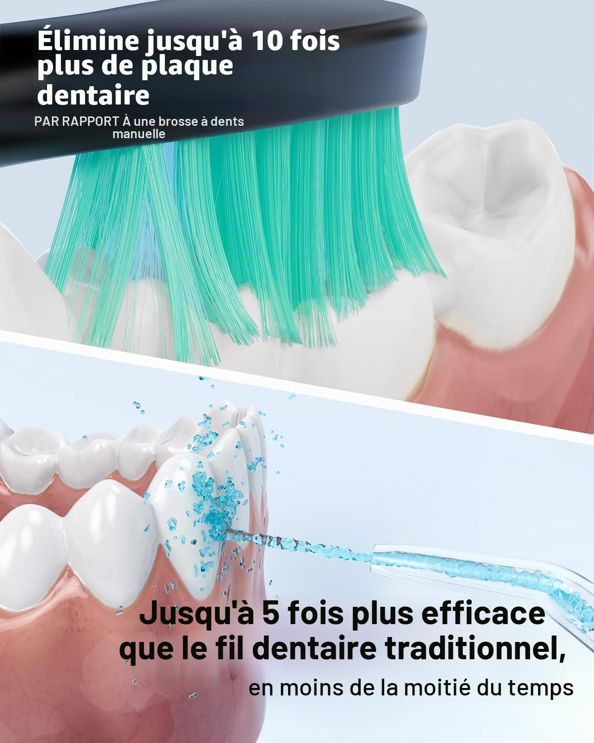 Hydropulseur et brosse à dents électrique pour adultes - Irrigateur buccal et brosse à dents sonique 2-1 - Kit de nettoyage buccal (noir)