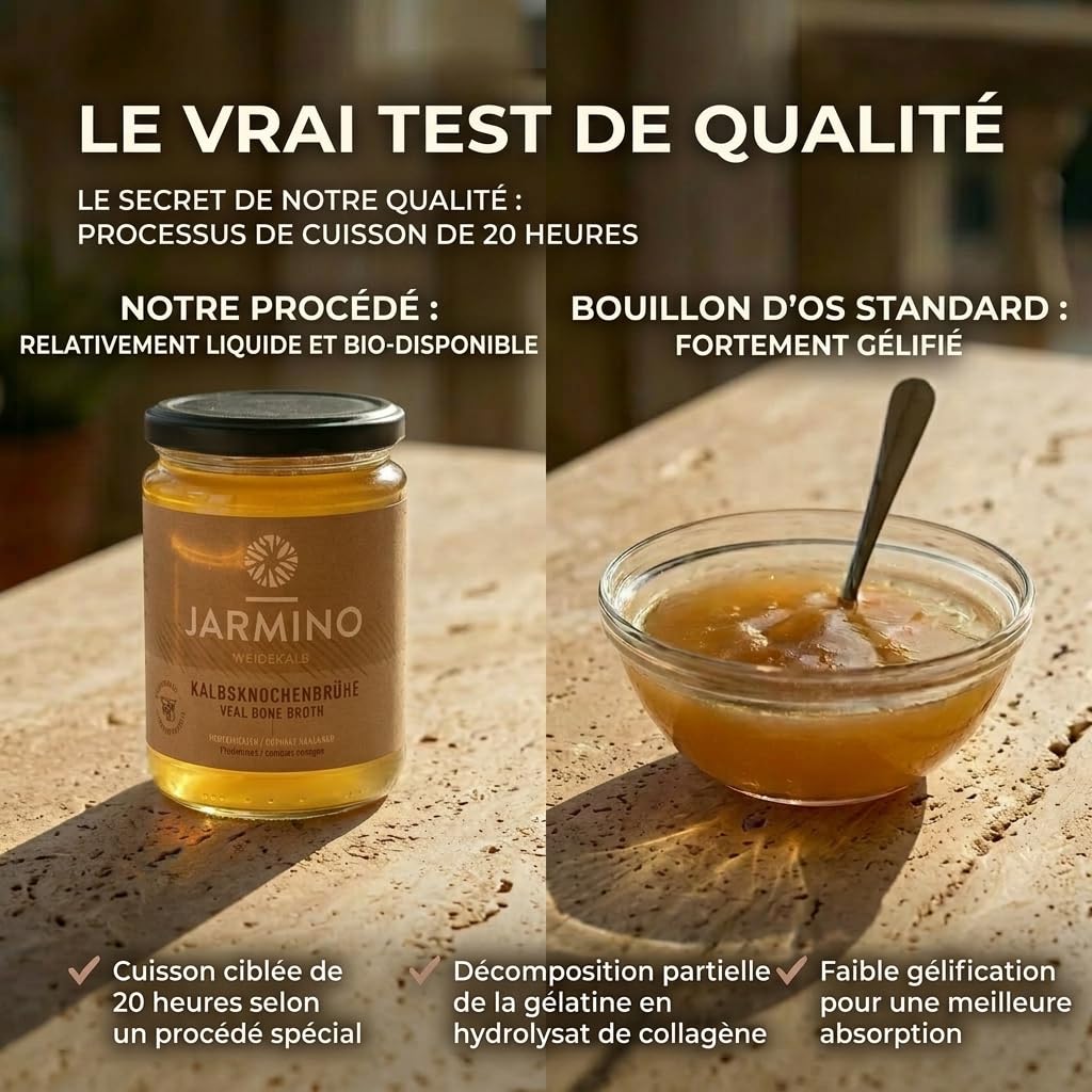 JARMINO Bone broth soupe (4x 350ml) | bouillon d'os de veau | JARMINO | acide hyaluronique, collagène et protéine naturelle | bio