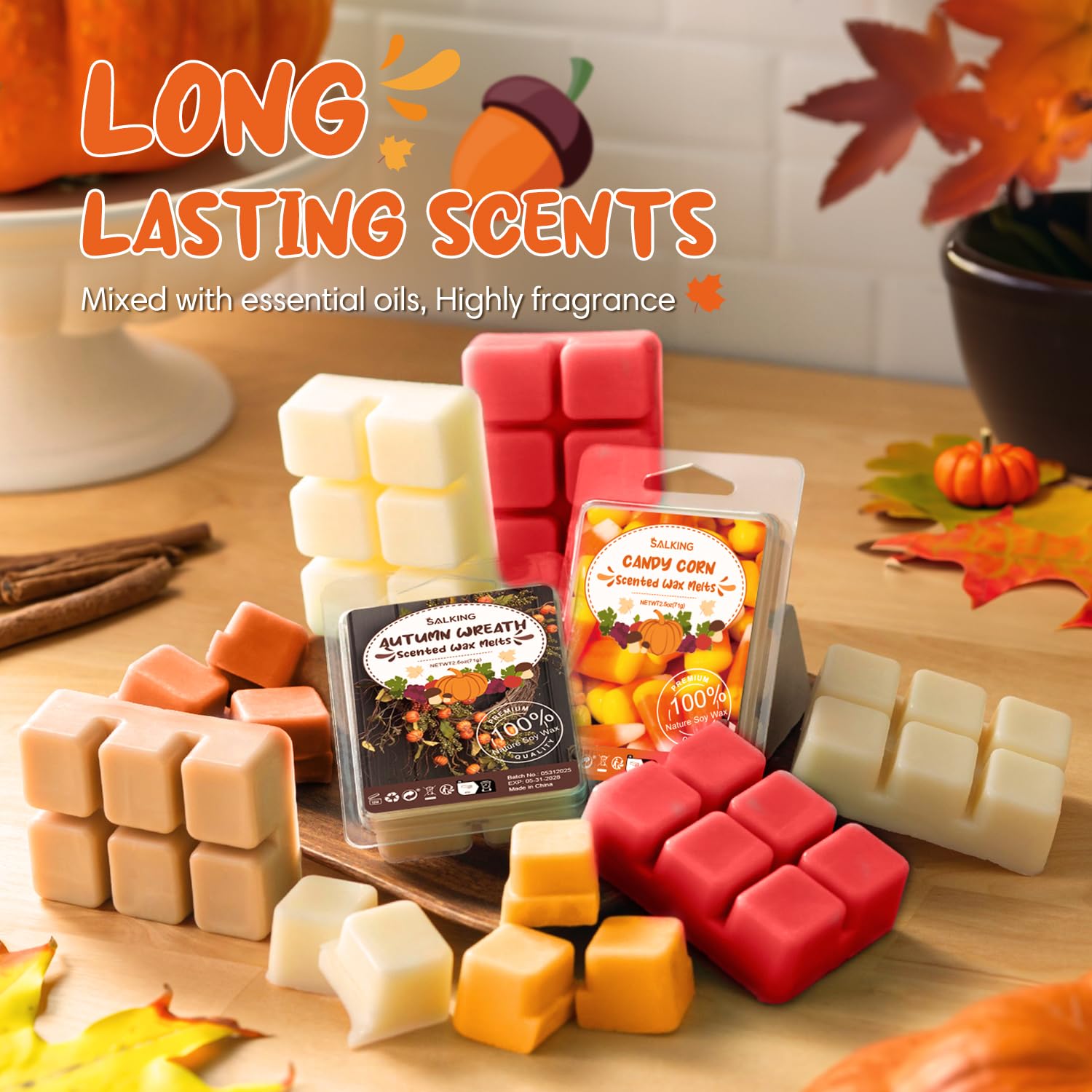SALKING Autunnale Set di Tart Profumate Cera per Lampada Profumata, 100% Cera di Soia Naturale, Candela Profumata per Ambienti, set Regalo di Profumi di Zucca e Cannella per Halloween, Natale, 8 pz.