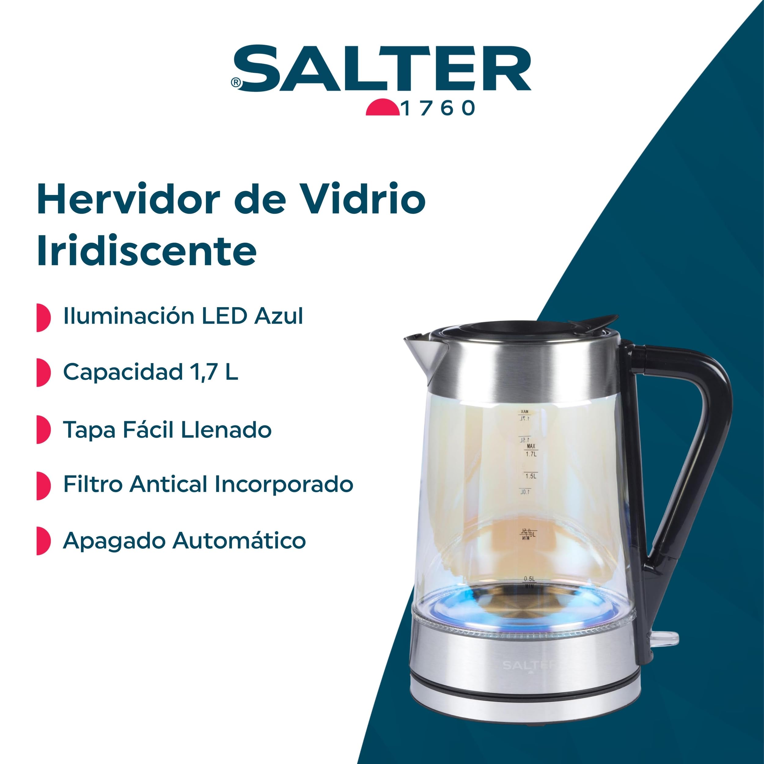 Salter Hervidor de cristal iridiscente, 1,7 l, luz LED azul | 2200 W, tapa Easy-Fill de presión, filtro antical, base giratoria 360°, sensor de ebullición en seco, apagado automático