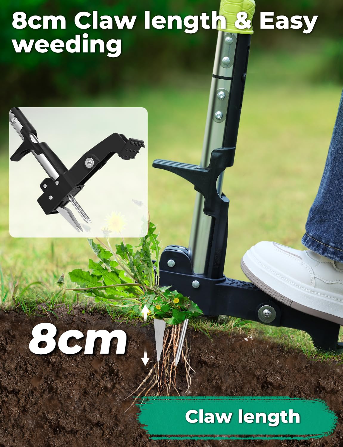 YISSVIC Weed Puller Stand-up Weed Removal Tool Stainless Steel 4-Claw with Foot Pedal, Telescopic Root Remover for Garden, Adjustable D-Shaped Non-Slip Handle - 3