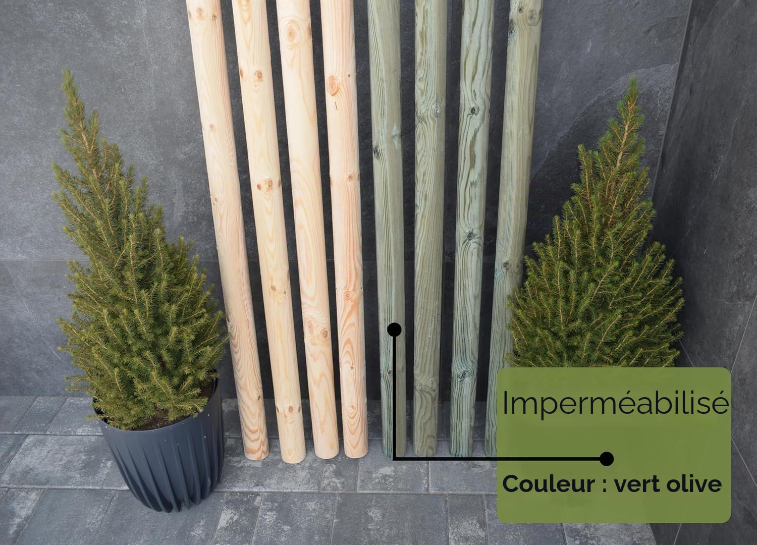 ø 6cm Lot de 4 Piquet Cloture Bois Longueur: 240 cm Poteaux De Clôture De Jardin Imprégné Résistant Aux Intempéries Palissade Tuteurs avec Pointe Couleur Olive