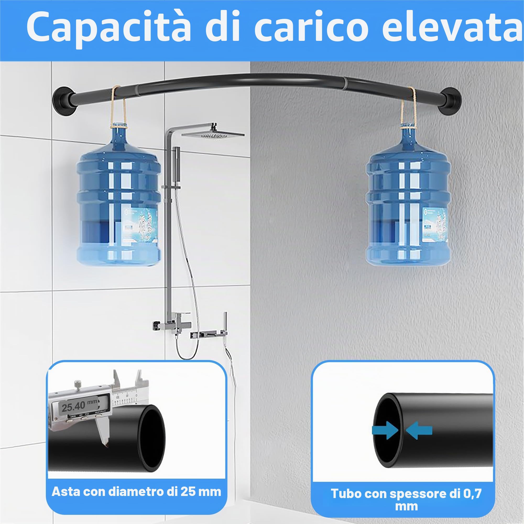 Bastone Tenda Doccia Angolare A Pressione A Forma Di L, Asta per tenda da doccia regolabile e curva in Acciaio Inossidabile, Per Bagno e Spogliatoio (Dimensioni: A 70-95 Cm X 70-95 Cm, Colore: Nero)