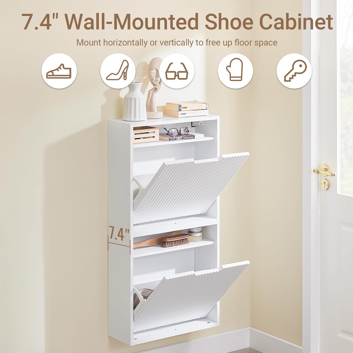 SoBuy Wall-Mounted Narrow Shoe Cabinet, Slim Hidden Shoe Storage Organizer with 2 Flip Doors & Shelf, Space-Saving Shoe Rack for Entryway, 2-Way Installation & Anti-Tip,Standard, FSR204-W
