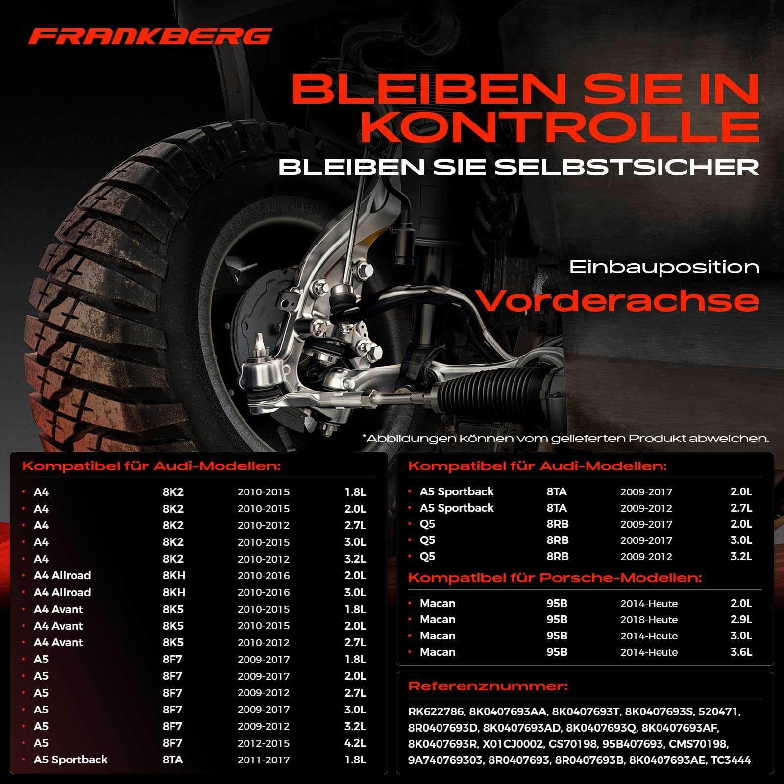 Frankberg Querlenker Vorne Hinten Links Unten Kompatibel mit A4 8K2 A4 Allroad 8KH A4 Avant 8K5 A5 8T3 A5 Cabriolet 8F7 A5 Sportback 8TA Q5 8RB M.A.C.A.N 95B Replace# CMS70198