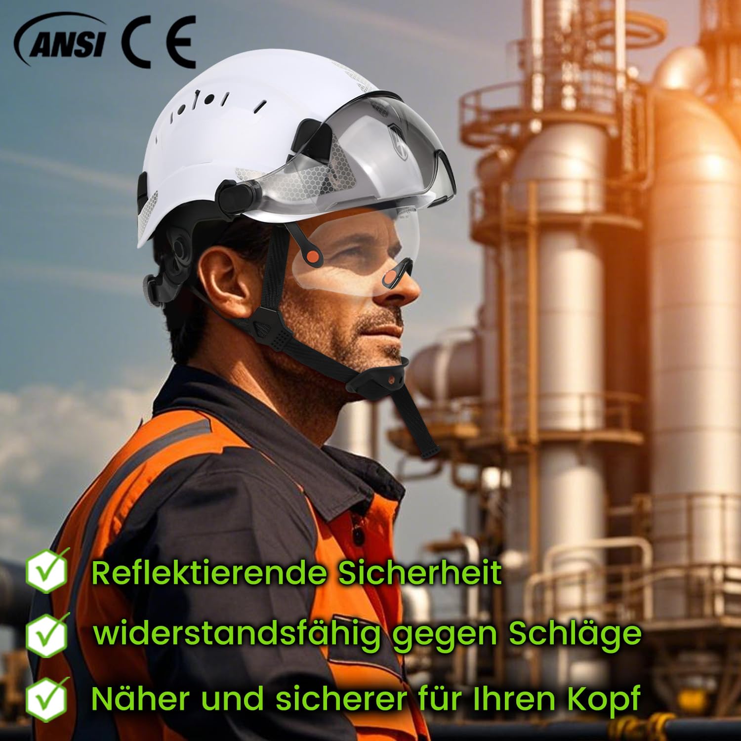 GREEN DEVIL Mervex Vent Set - EN397 & EN166 zertifizierter Industrieschutzhelm mit Doppelvisier (außen getönt/innen klar) + Shield LD Aktives Bluetooth Gehörschutz SNR 32dB