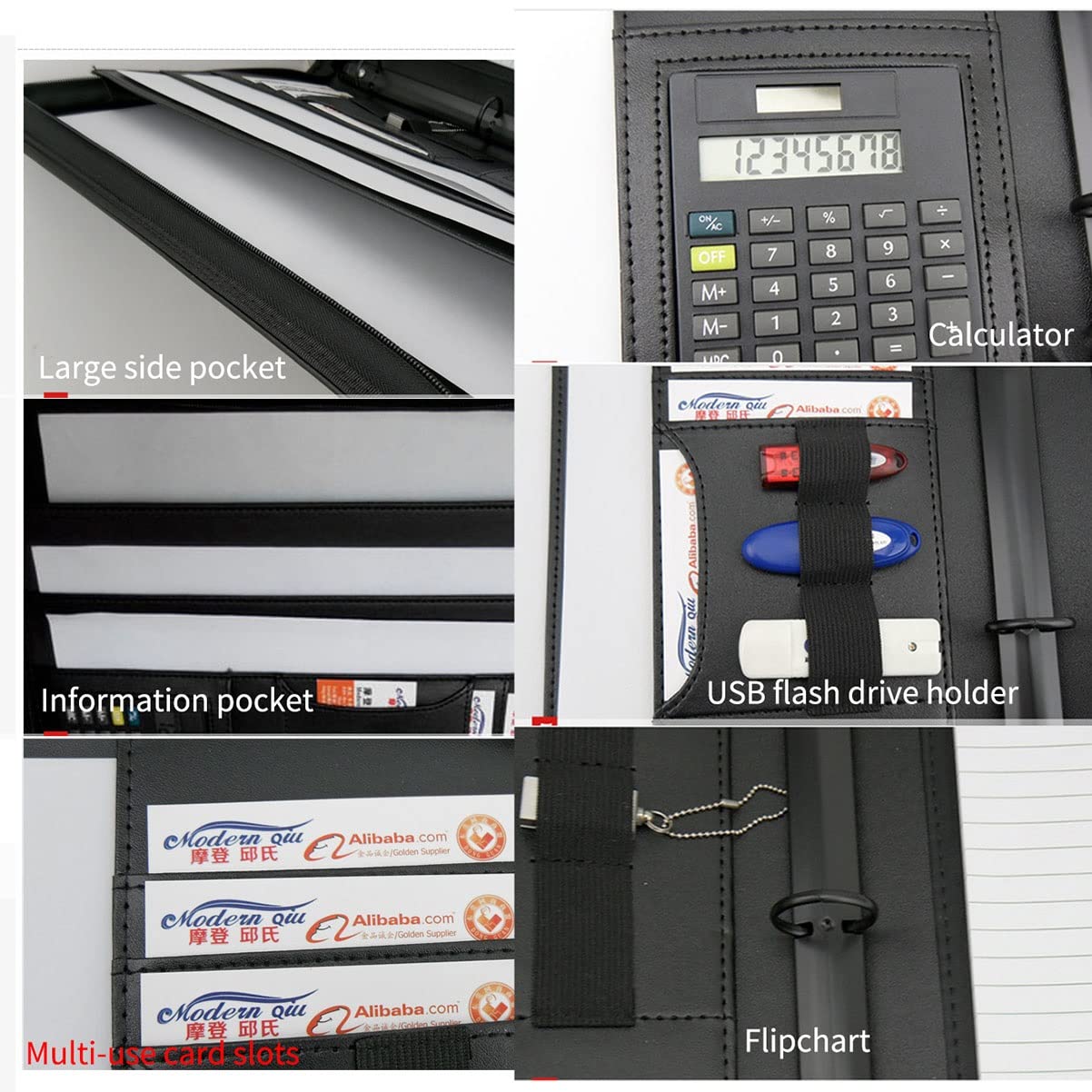 Zdejmujący się Ring Binder i Notepad, Teczka A4 ze skóry PU, zapinana na zamek, z 3 kółkami, organizerem, kieszeniami długopisy, w kolorze czarnym(Black B)
