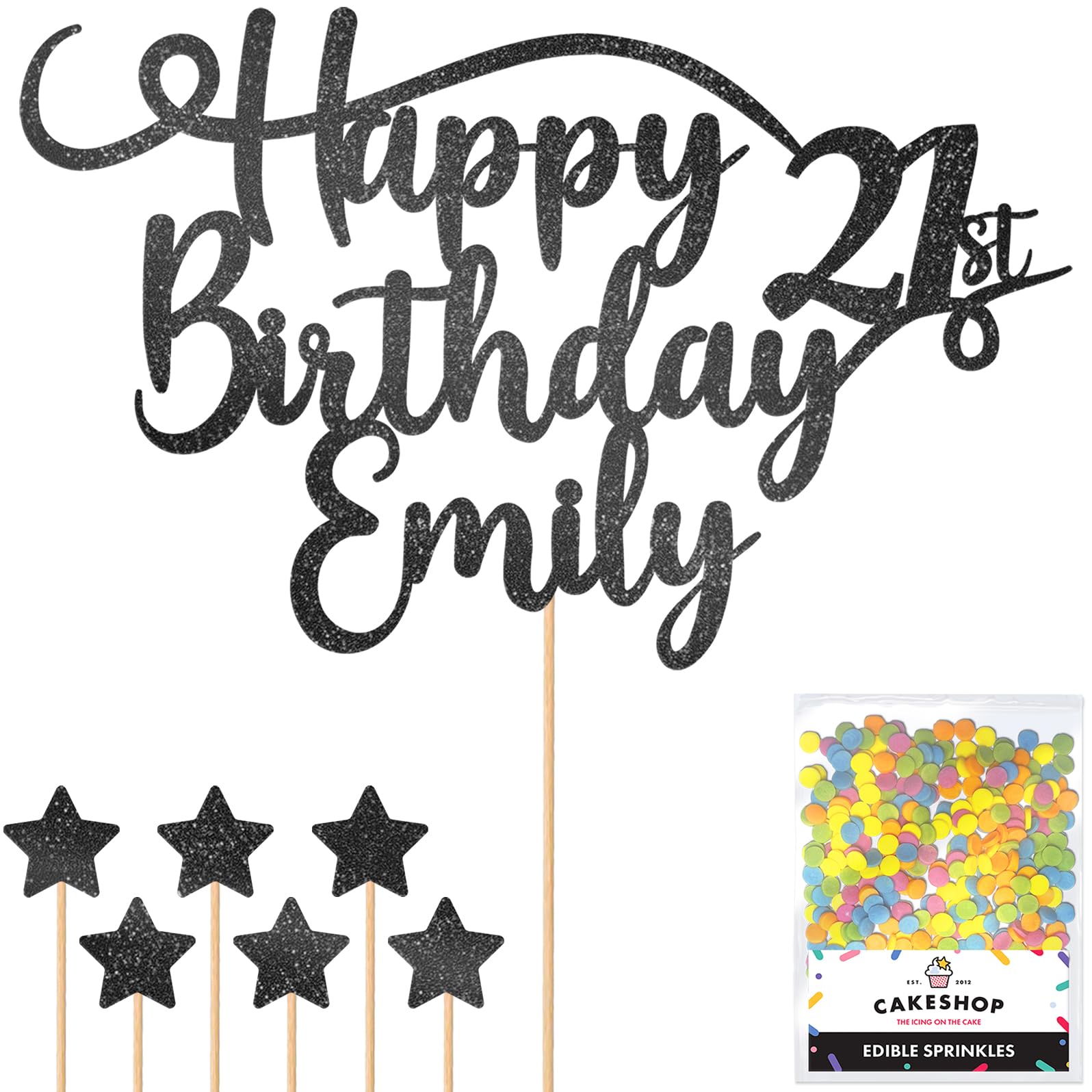 Personalised Happy Birthday Glitter Cake Topper - Black Any Name & Any Age Glitter Cake Decoration and Sprinkles - Happy Birthday Decorations - Personalised Toppers for Cakes by Cakeshop — image 1