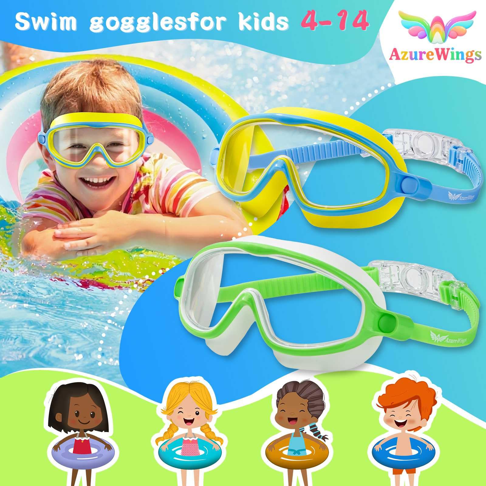 Confezione da 2 occhialini da nuoto per bambini, senza perdite, anti-appannamento, anti-UV, per ragazzi e ragazze dai 4 ai 14 anni