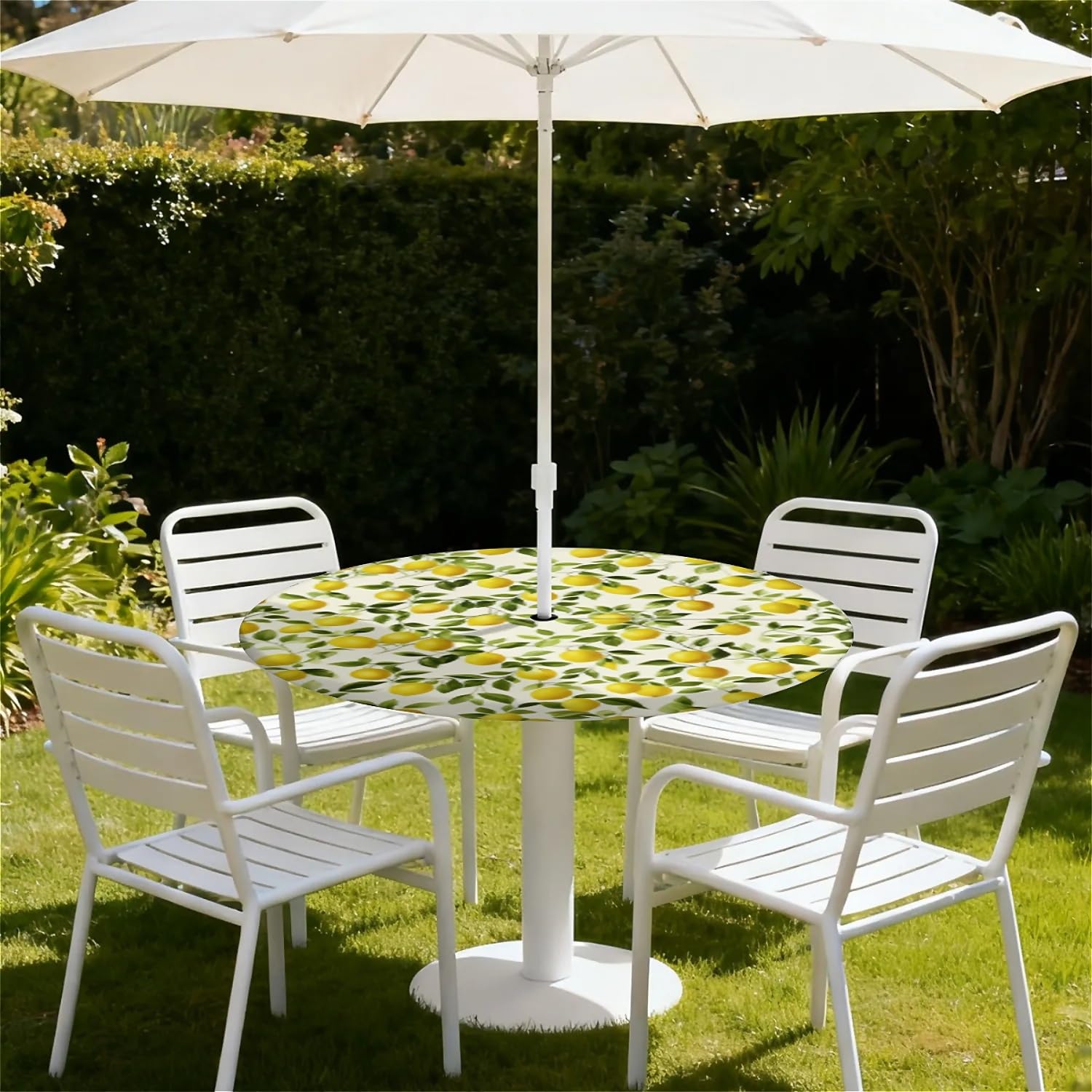 Nappe Ronde Exterieur avec Trou de Parapluie,Citron modèle Nappe de Jardin Lavable et Facile à Nettoyer, avec Ourlet élastiqué, idéale pour terrasse, Balcon et Jardin. Ø 90 cm.