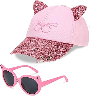 Girls Baseball Cap Kids Sunglasses Set,Adjustable Sun Hat Sequin Cat Ear Hat Cute Toddler Cap for Girls Ages 3-10Y(Pink)