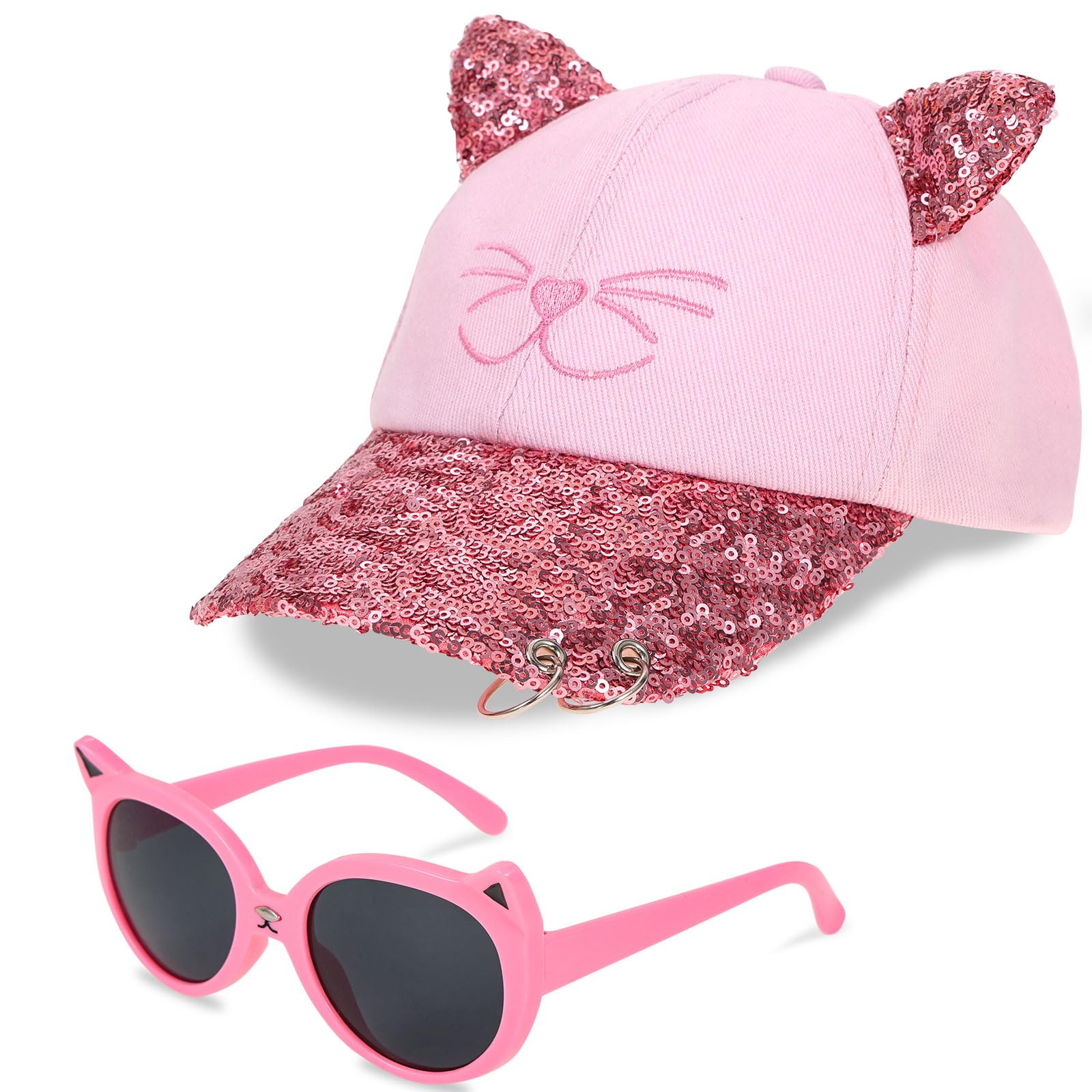 Girls Baseball Cap Kids Sunglasses Set,Adjustable Sun Hat Sequin Cat Ear Hat Cute Toddler Cap for Girls Ages 3-10Y(Pink)