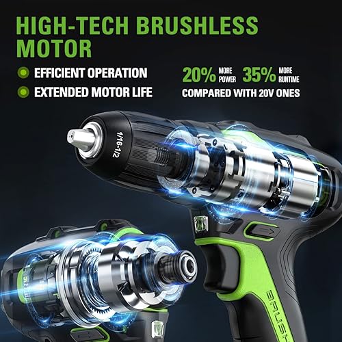 Miniatura 5 de Greenworks Taladro / controlador de 24 V sin escobillas de 310 pulgadas/libras + kit combinado de destornillador de impacto de 2650 pulgadas/libras,