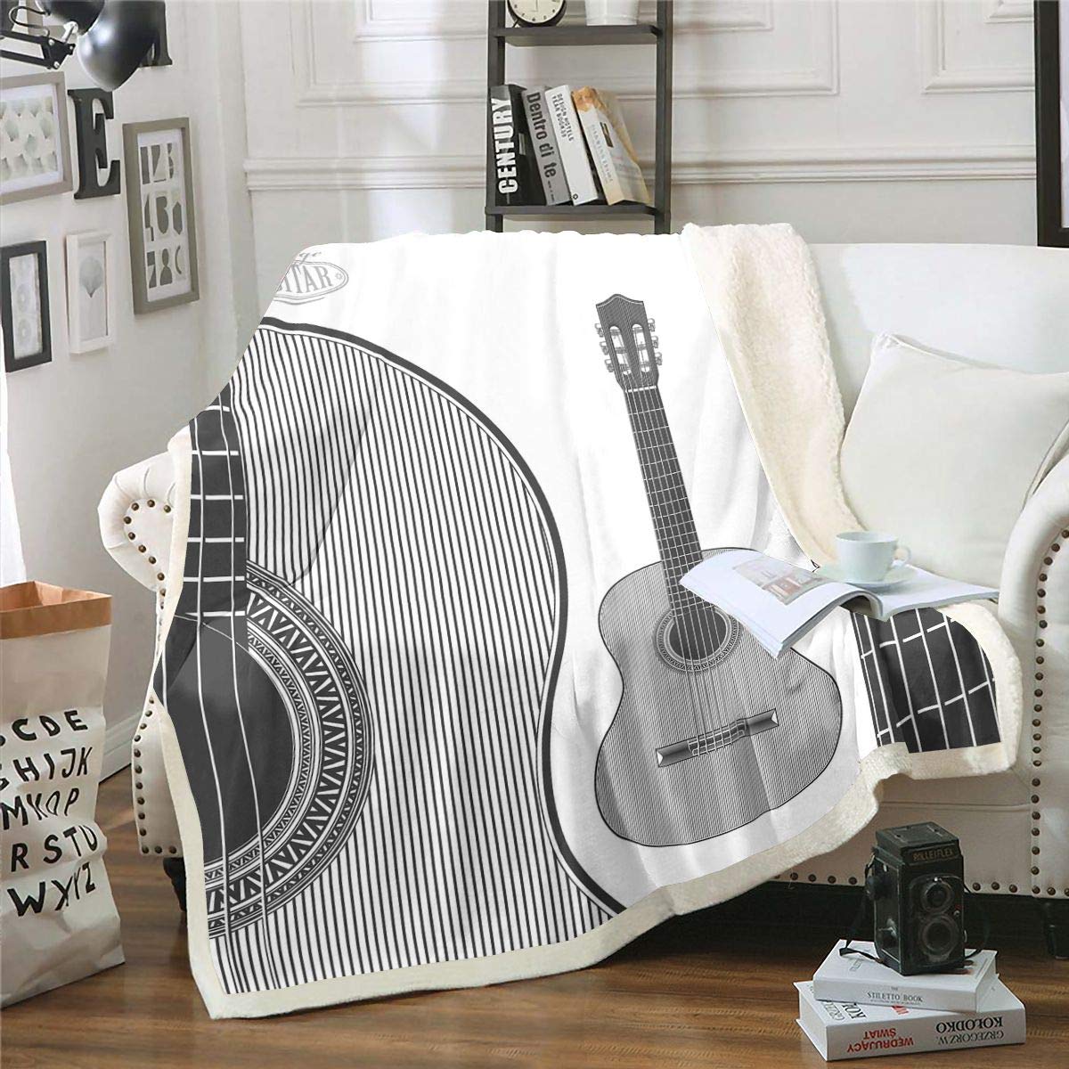 Loussiesd Coperta Sherpa per Chitarra Rock Music - Plaid in Fleece per Divano Letto - Strumenti Musicali Fuzzy King 200 x 200 cm