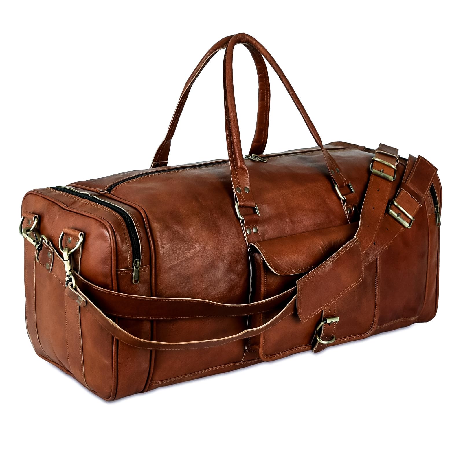 Buy Handmade Brown Goat Leather Duffel Bag | Travel Weekend Bag