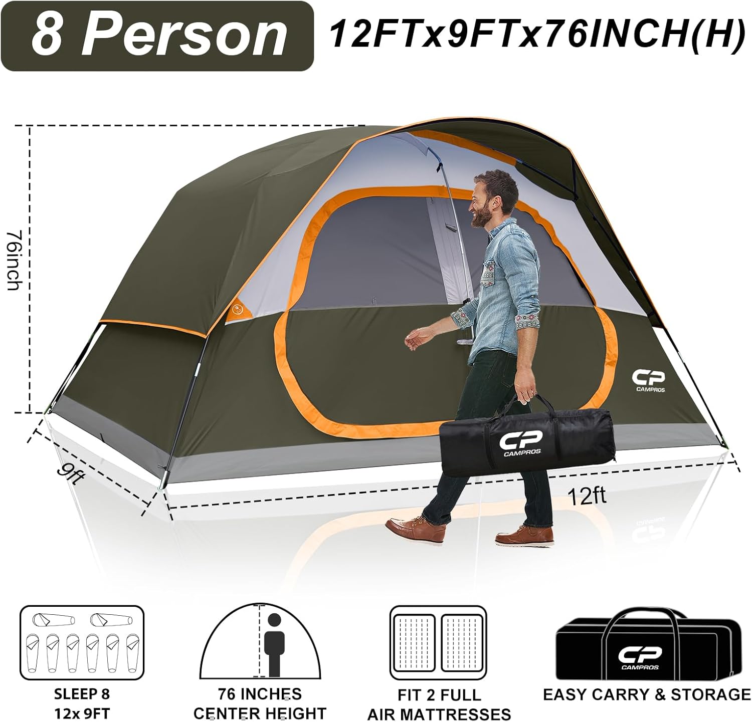 CAMPROS CP Upgraded 6/8 Person Camping Tents, Waterproof Windproof Family Tent with Larger Mesh Windows & Door, Double Layer, Easy Set Up, All-Season Dome Tent with Top Rainfly & Carry Bag - Image 2