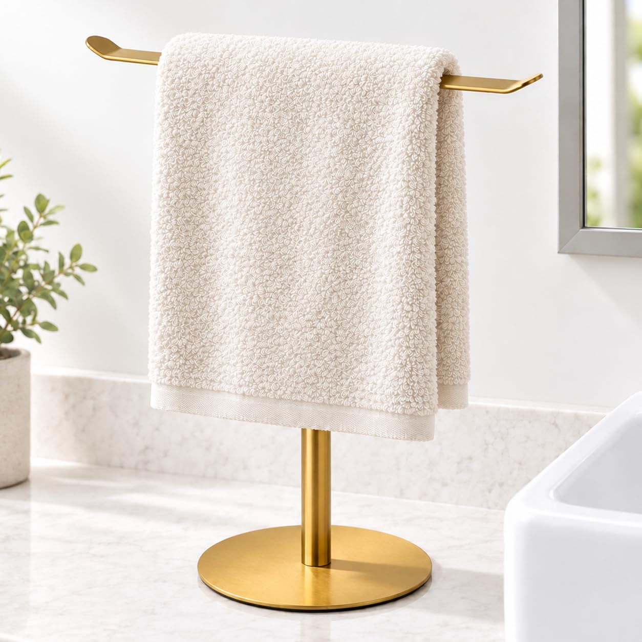 Gold T-Shaped Hand Towel Holder Stand for Countertops, Stainless Steel