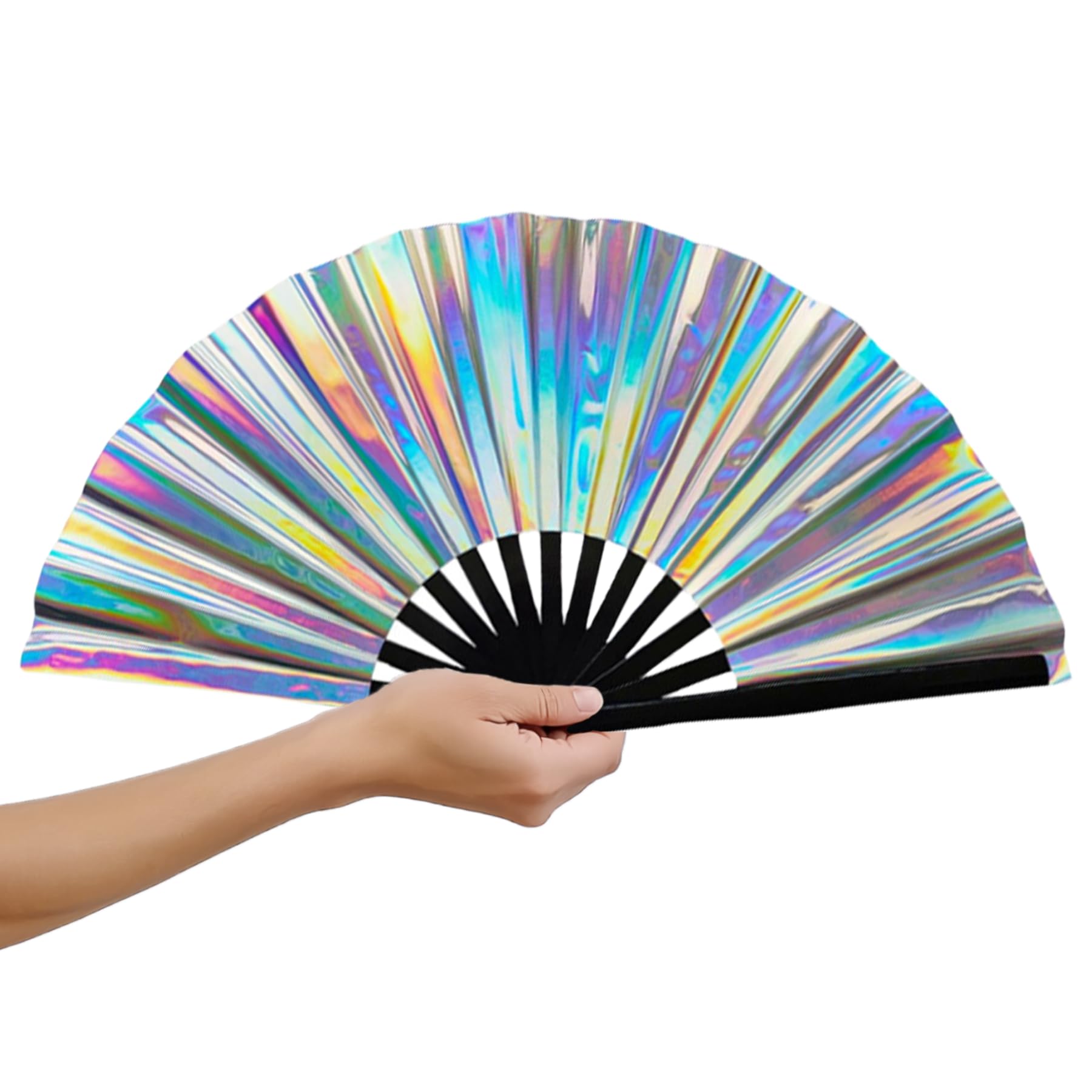 ciobz Folding Hand Fans for Dance, Clack Rave Festival Fan with Glitter (Laser Silver)