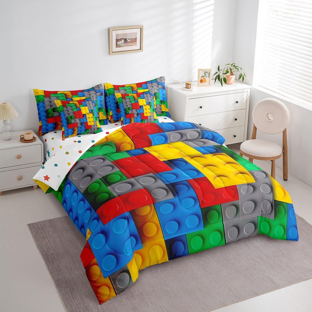 Erosebridal 3D Building Blocks 7 Piece Comforter Set Full Bed in a Bag,Colorful Construction Bedding Sets Gradient Rainbow Bricks Sheet Set with Comforter,Red Yellow Green Blue Grey Bed Set