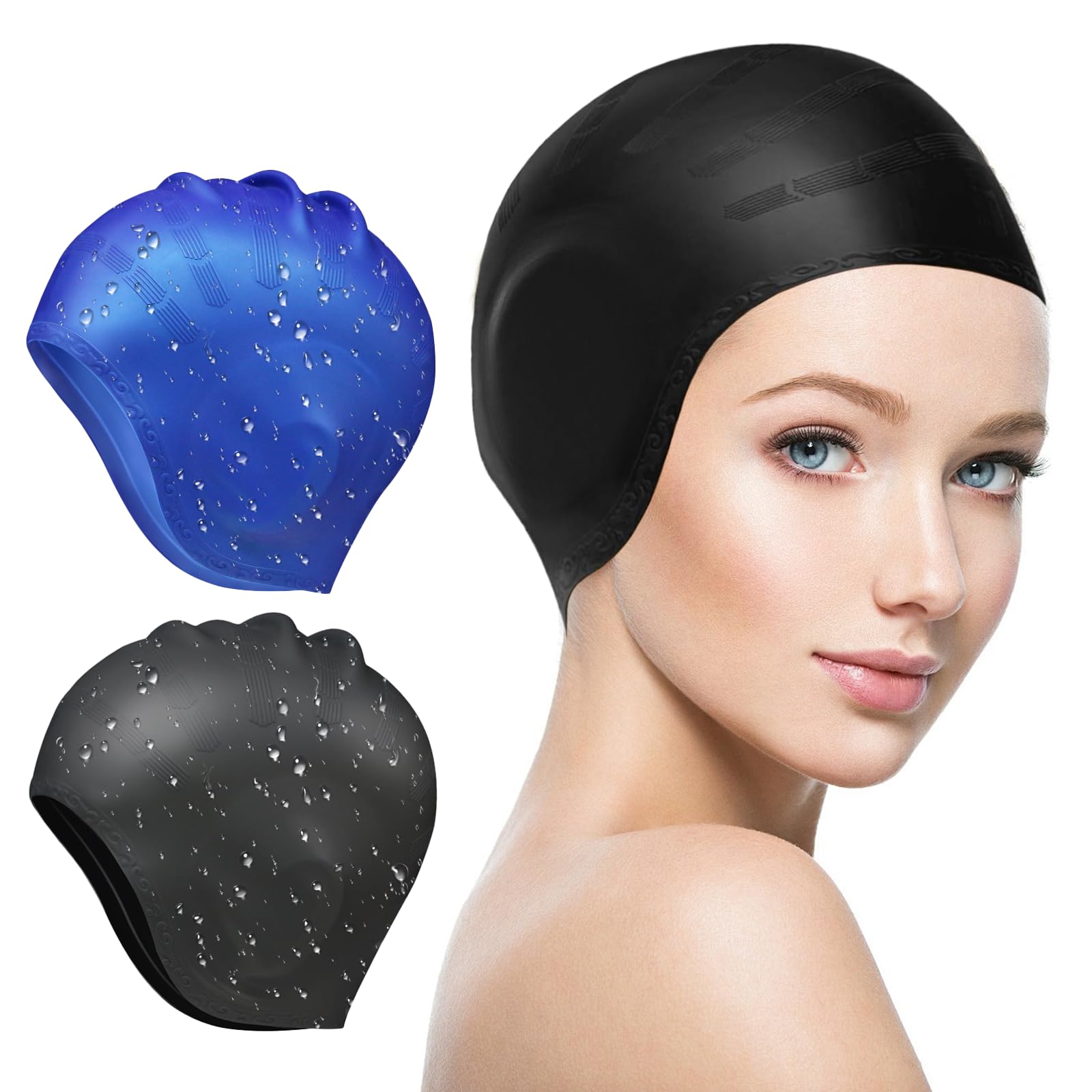 Swimming Cap for Women Men, 2 Pack Large Silicone Swim Cap for Long/Short Hair with 3D Ear Protection, Waterproof Swimming Hats, Stretchable and Non-Slip Swim Cap for Adult Boys and Girls