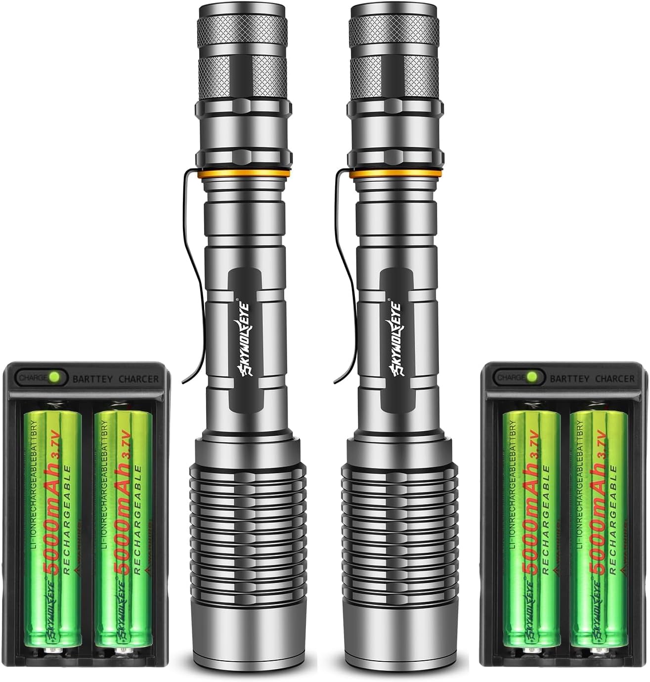 Led Flashlight Super Bright Flashlights Rechargeable High Lumens Torch 5 Modes Zoomable Waterproof for Camping Kids Adults Outdoor Hiking Emergency (2 Pack Silver+2-Slot Charger)