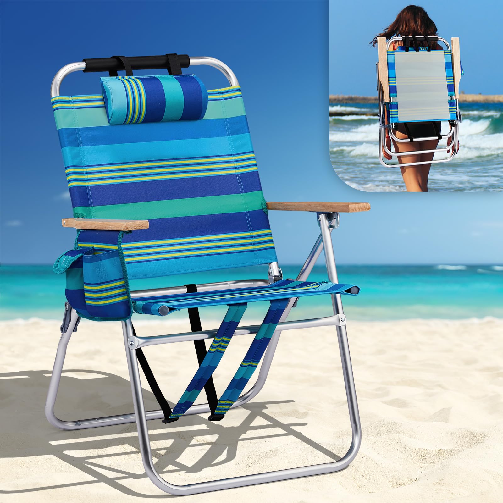 Aluminum 17" Backpack Beach Chair – Tall Beach Chairs for Adults, Portable with Adjustable Straps, 3-Position Reclining, Cup Holder, High Lightweight Beach Chairs for Beach