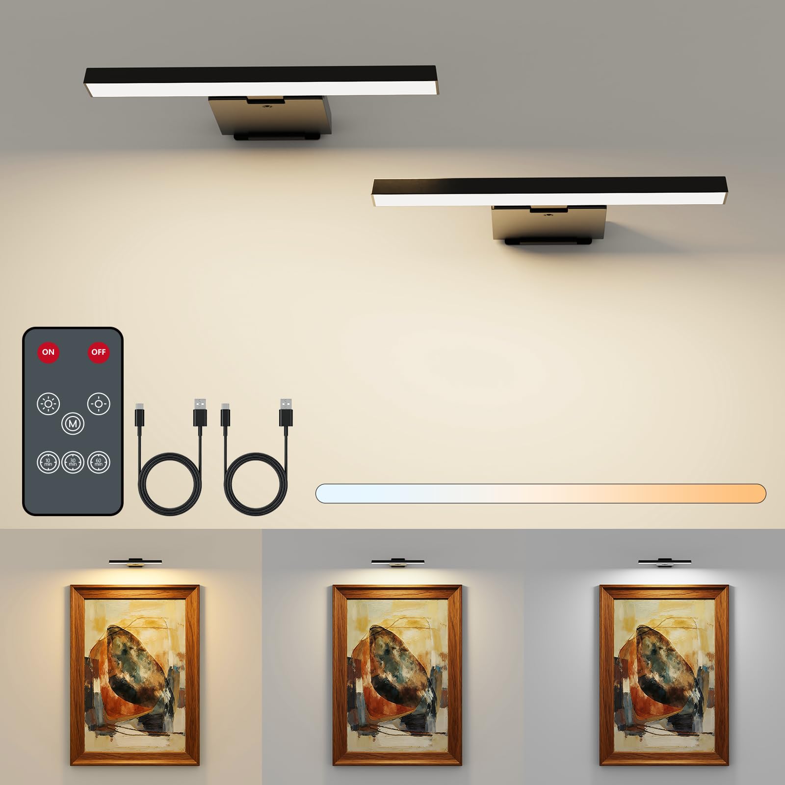 Kitloo 2 Pack Picture Lights for Wall, 6000mAh Rechargeable Battery Operated Picture Light, CRI≥95, Wall Picture Light with Remote Timer, Wall Lights for Pictures, Frame & Art Gallery