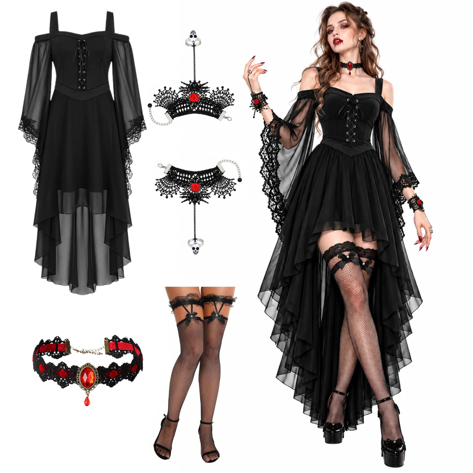Halloween Costumes Adult,Vampire Costume, 4Pcs Adult Halloween Fancy Dress Outfit, Gothic Vampire Dress with Choker, Bracelet and Fishnet Tights for Women Party Cosplay