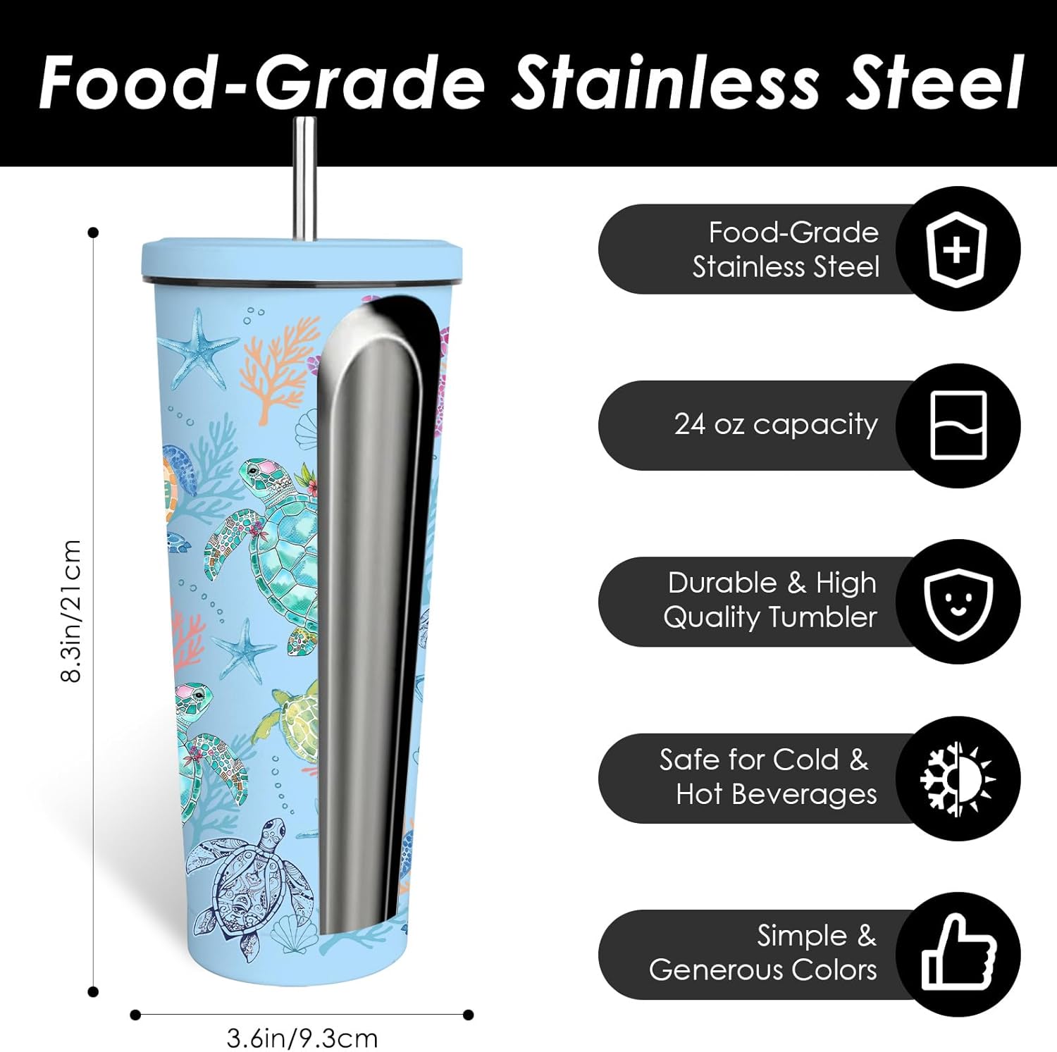 Turtle Tumbler 24oz, Classic Blue Sea Turtles Themed Gifts for Women Girls Turtles Lovers on Birthday Christmas Summer, Travel Stainless Steel Coffee Cup Double Wall Vacuum Insulated Mug - Image 5