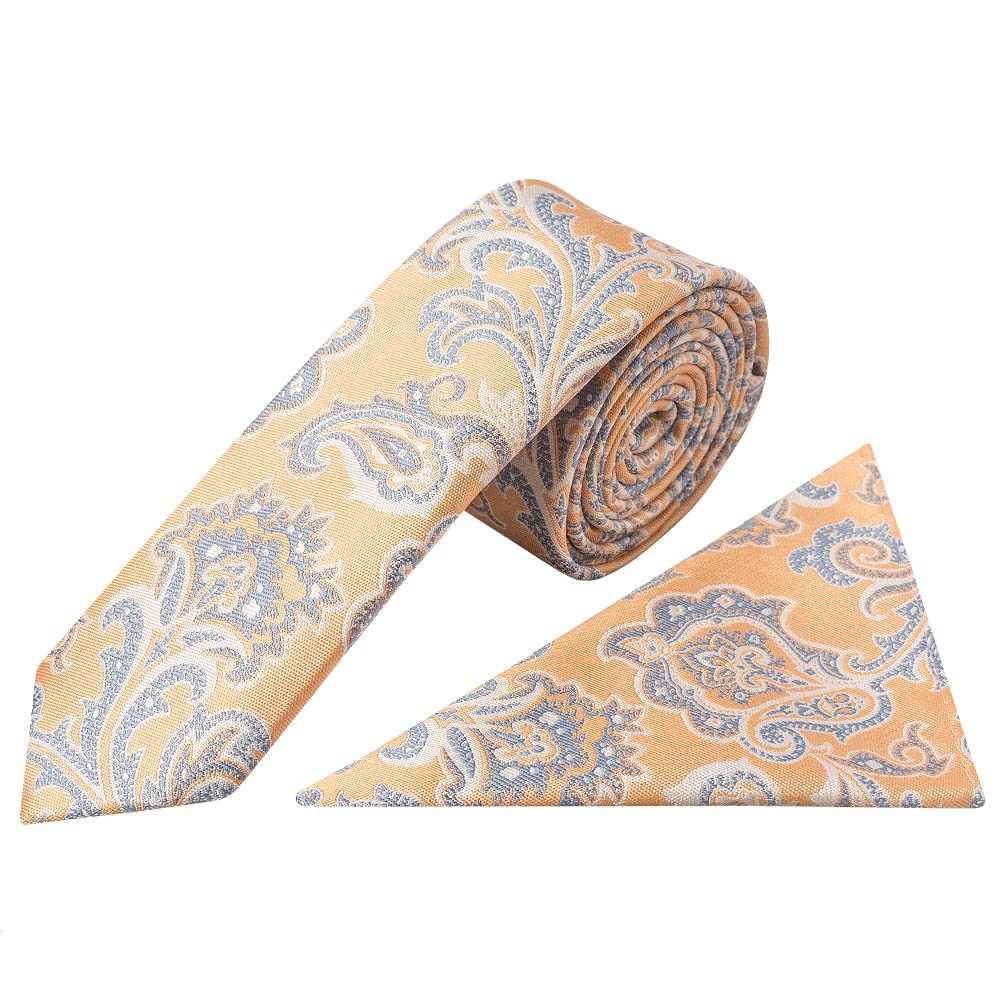 Ties R Us Men's Peach And Blue Paisley Skinny Tie And Pocket Square Set