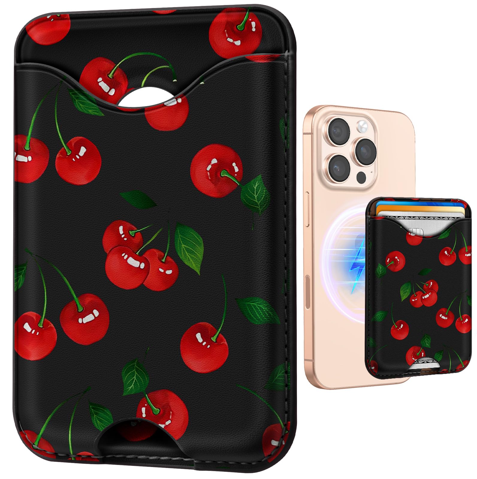Shorogyt Compatible with Magsafe Wallet Magnetic Card Holder - Cherry Phone Wallets for Women Teen Girls Cute for iPhone 17/16/15/14/13/12 Series Slim