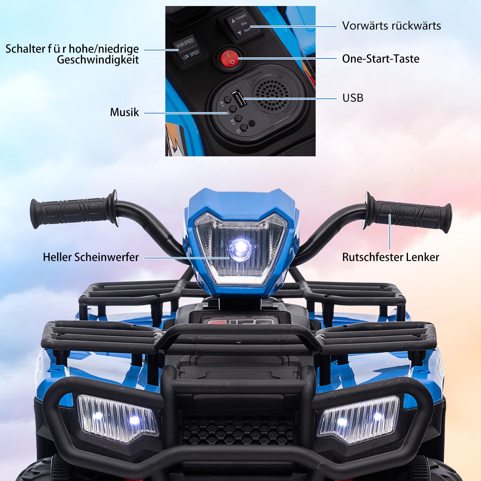 IDEALHOUSE Quad électrique enfant 12V tout-terrain – Vitesse réglable sécurisée – Marche avant/arrière – Phares LED, musique, USB – Télécommande parentale – Idéal cadeau garçon/fille 3-8 ans – Couleur