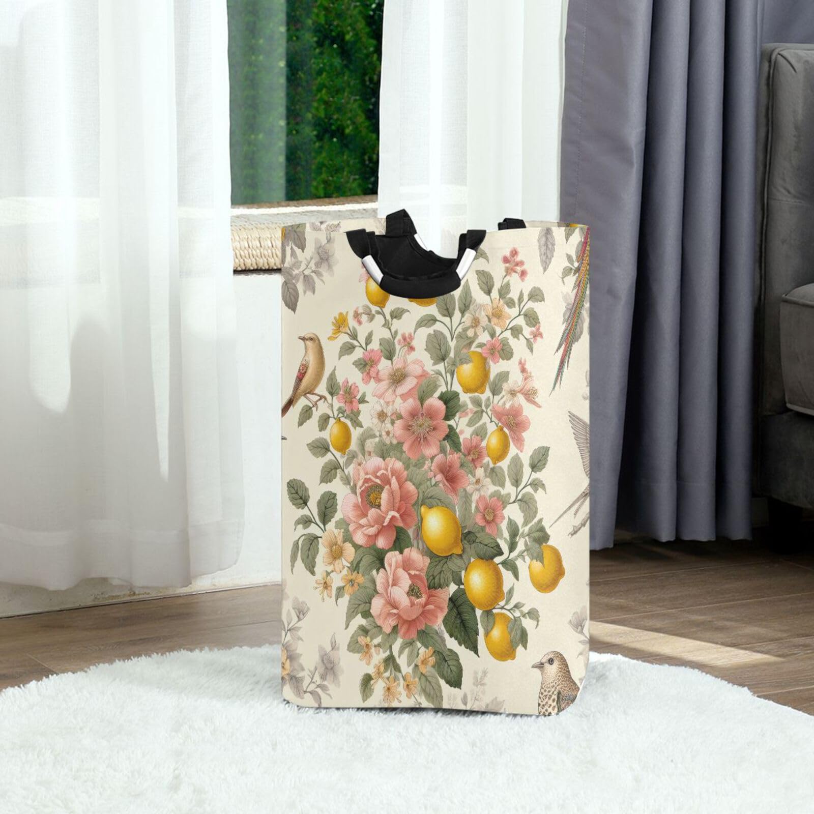 Jihqo Laundry Hamper Basket Lemon Floral and Birds Collapsible Nursery Storage Bin Waterproof Clothing Baskets for Home Bedroom Bathroom Washing Room