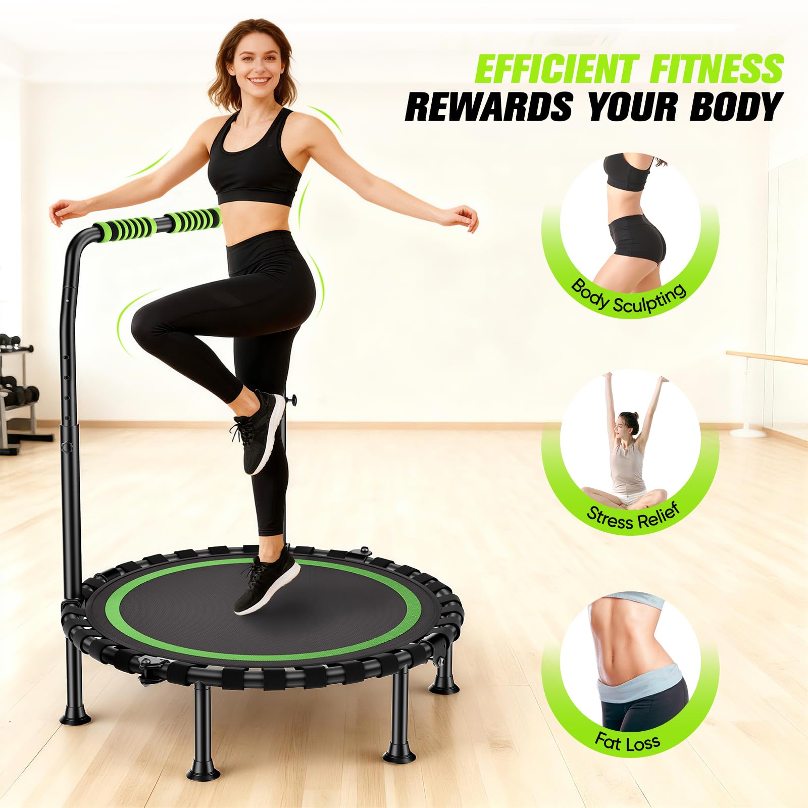 Trampolino pieghevole Ø 101 cm, per jumping fitness, portata 150 kg, altezza del corrimano regolabile, allenamento di resistenza, diversi gruppi di persone