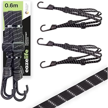 Set of 2 Luggage Lashing Straps 60 cm Adjustable Reflective Robust Scratch Protection Black Heavy Duty Expander Tension Rubber for Bicycle Pannier Rack & Motorcycle