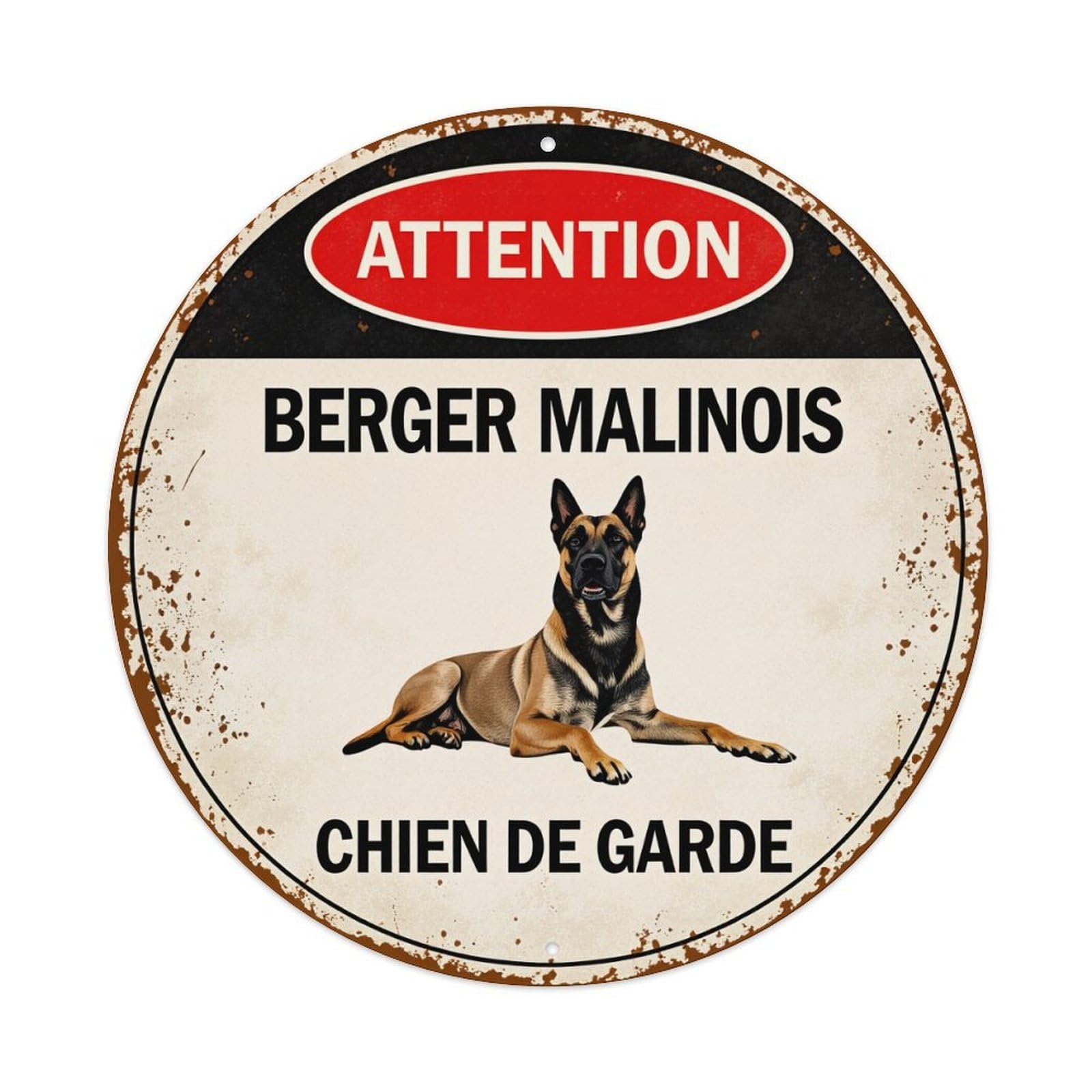 Attention Belgian Malinois Guard Dog Round Tin Sign Vintage Style Metal Sign Home Bar Garden Wall Plaque Decor Metal Poster 8x8 Inch