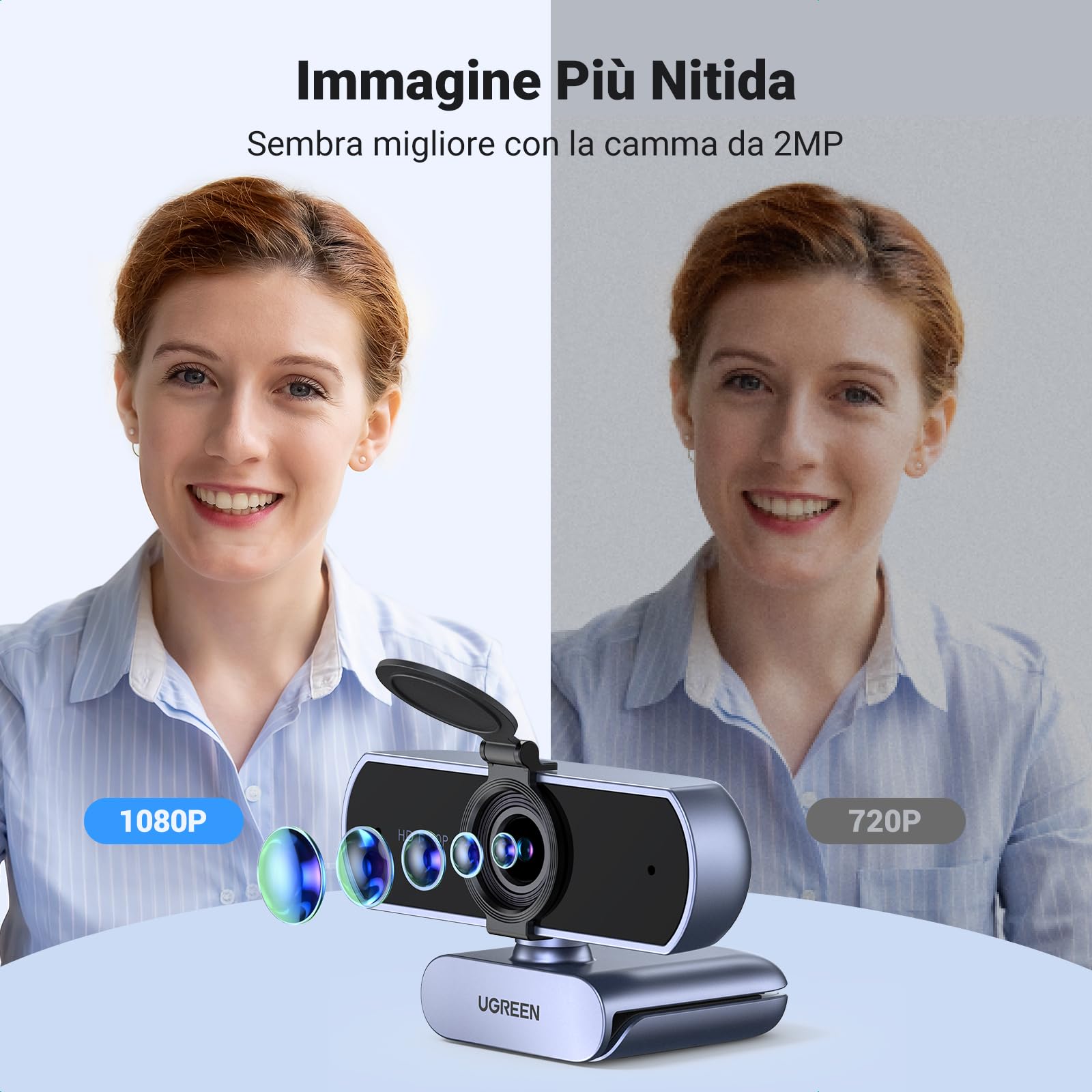 UGREEN Webcam Full HD 1080P 30FPS USB A PC Camera 2 Microfono Incorporato 85°Angolo di Visione per Windows MacOS Linux Supporto Youtube Streaming Skype Video Calling Zoom Videoconferenze(Grigio)