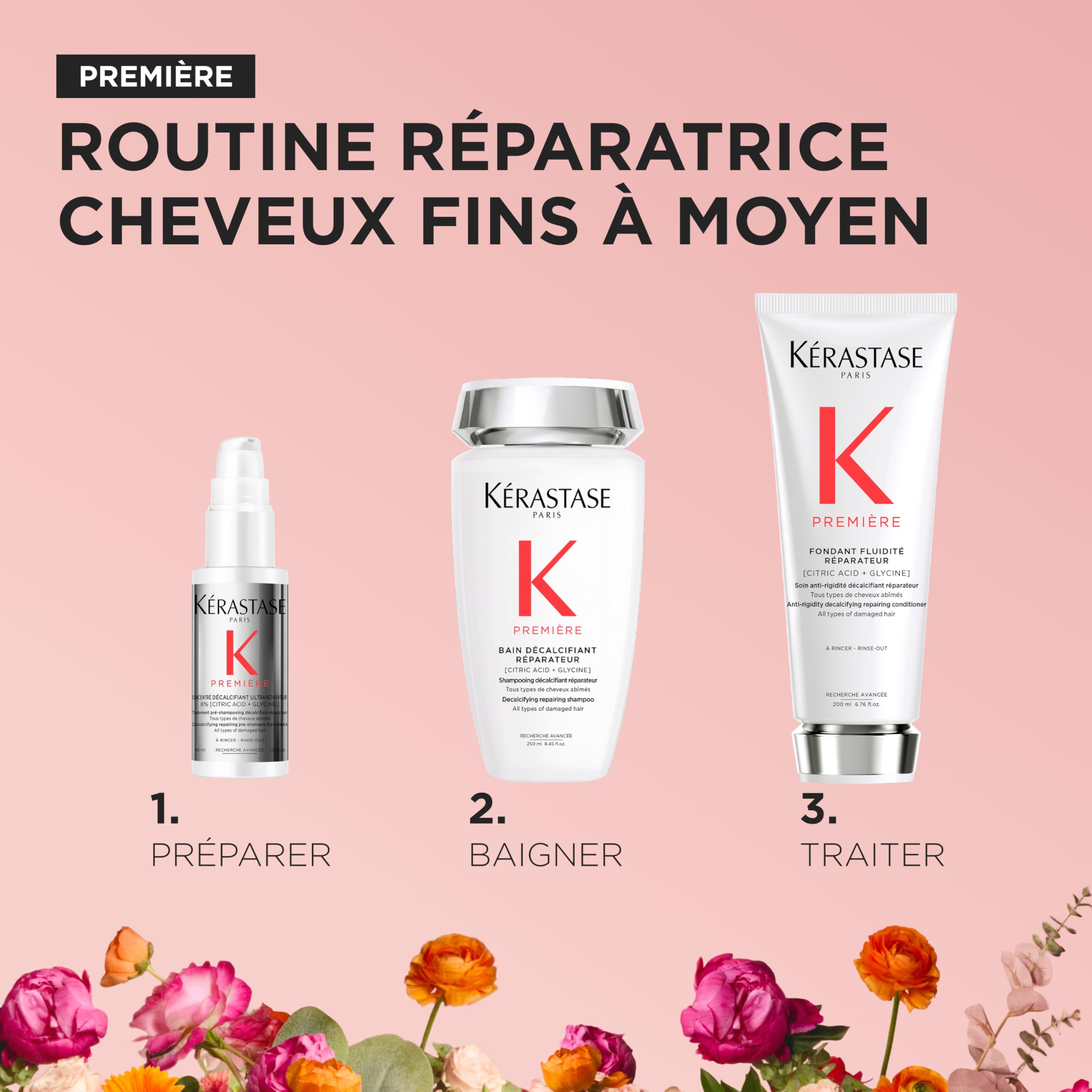 Kérastase Première, Set de Champú, Acondicionador y Loción, Cabellos Dañados, Descalcificante, Con Ácido Cítrico y Glicina, Fuerza y Brillo,