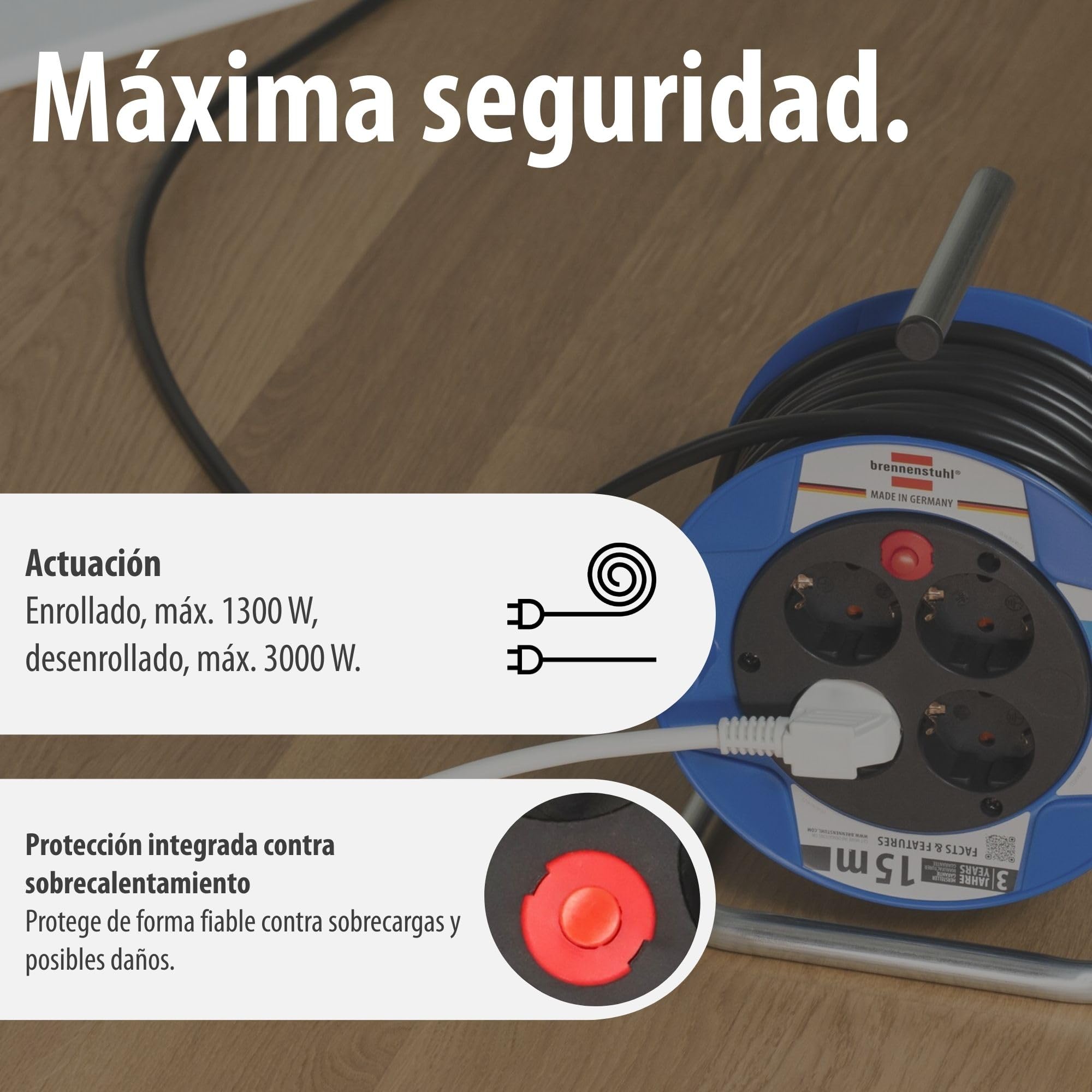 Brennenstuhl Garant enrollacables con alargador de 15 m y 4 tomas de corriente (plástico especial, uso en interiores fabricado en alemania) azul
