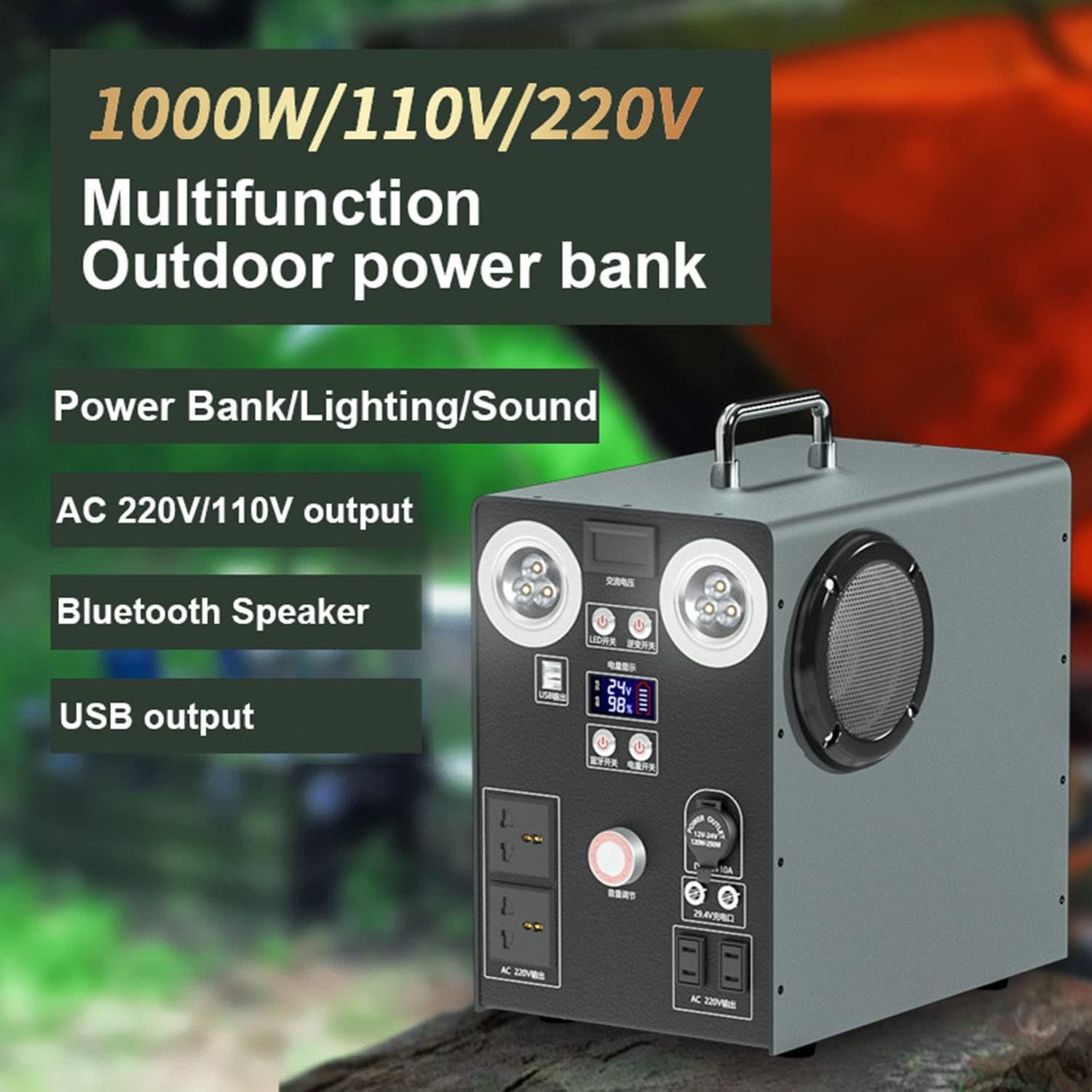 Estación de energía portátil de 1000 W y 1087 Wh, generador con batería, linterna LED y múltiples salidas de CA/USB/USB C/12 V CC, ideal para el hogar y actividades al aire libre (220 V/1000 W ~ 108