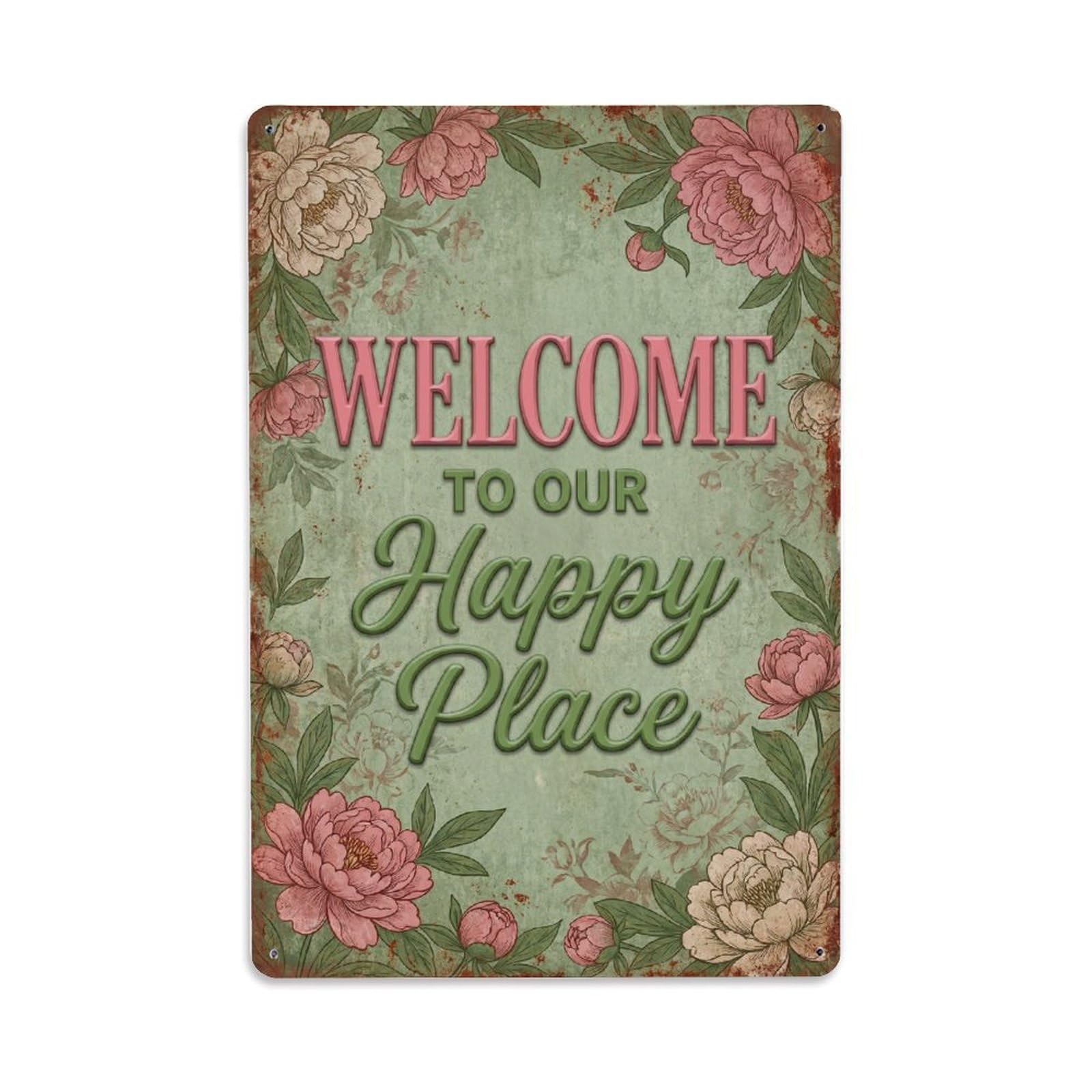 Welcome To Our Happy Place Peony Garden Metal Tin Sign Plaque Wall Decor for Cafe, Club Bar, Office, Home Garden Metal Poster 8x12Inch
