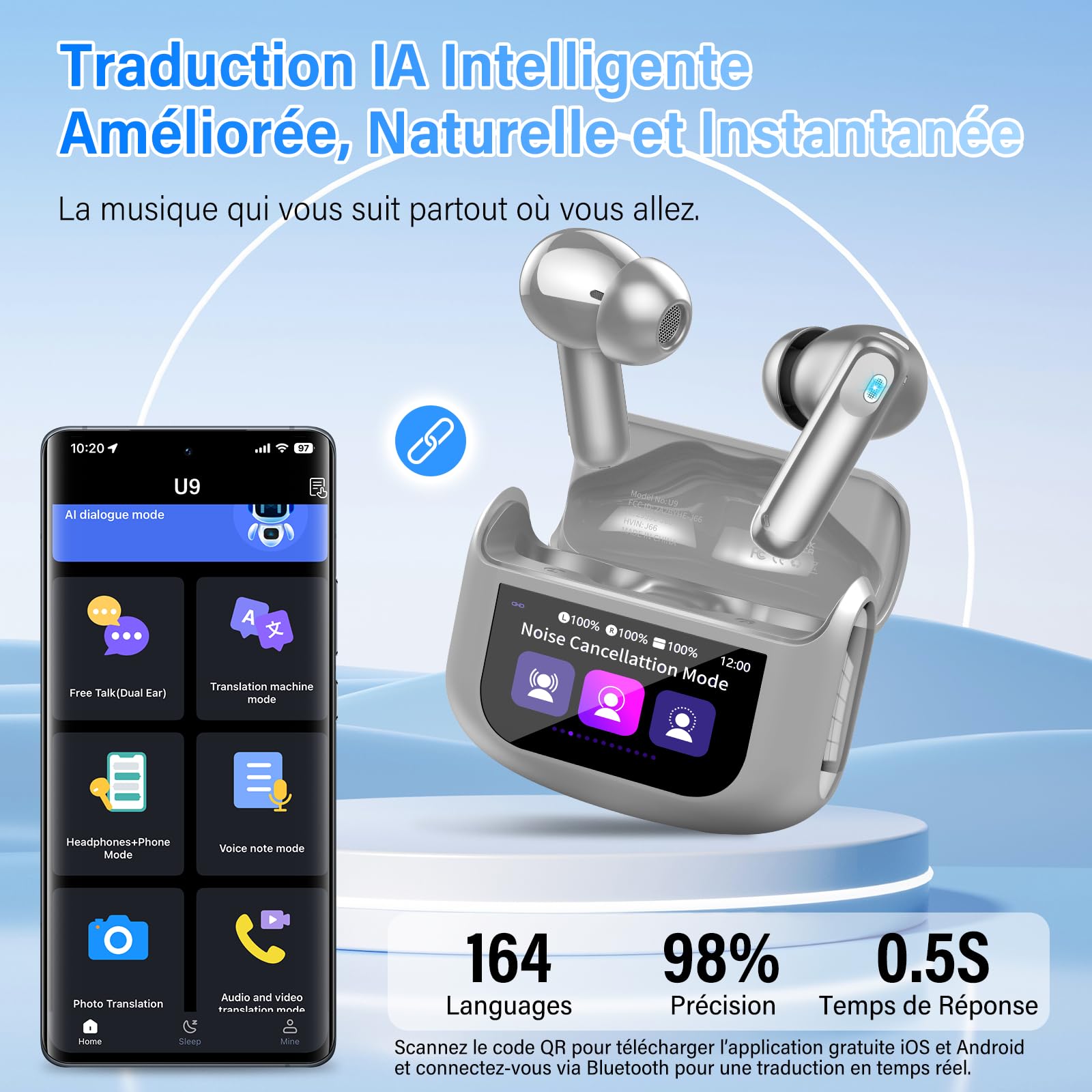 AI Écouteur Traducteur Instantané 164 Langues, ANC/ENC Réduction du Bruit