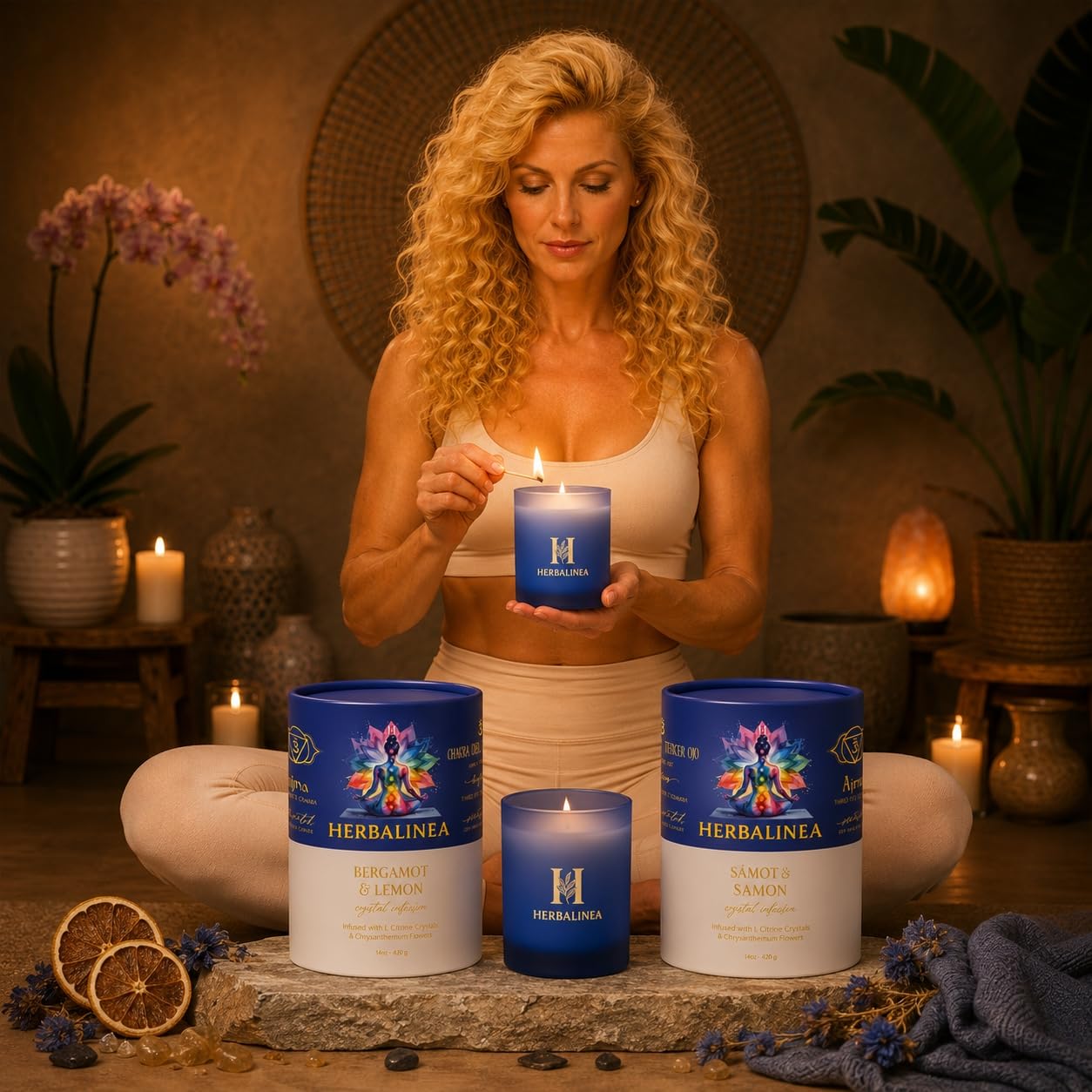 Candela profumata in 100% cera di soia con pietre naturali e fiori secchi, chakra del terzo occhio, candela profumata per meditazione, yoga e relax, decorazione zen, regalo originale per donna, 160 g